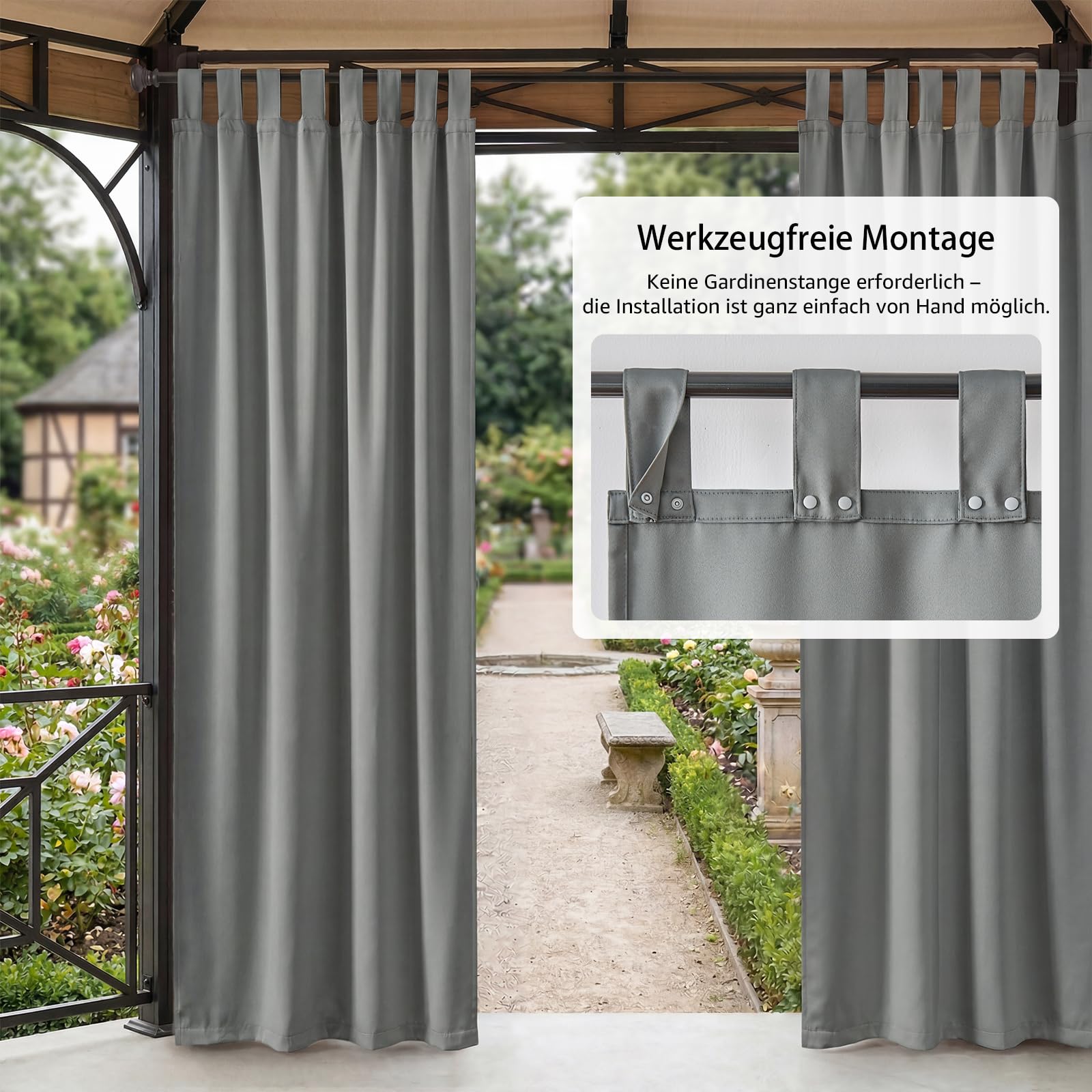 TOPICK Outdoor Vorhang Wetterfest Sonnenschutz Vorhänge mit Schlaufen Blickdicht Wohnzimmer Balkontür Gardine außen Curtains H 245 x B 132 cm 2er Set Wasserabweisend für Balkon Pavillon Hellgrau