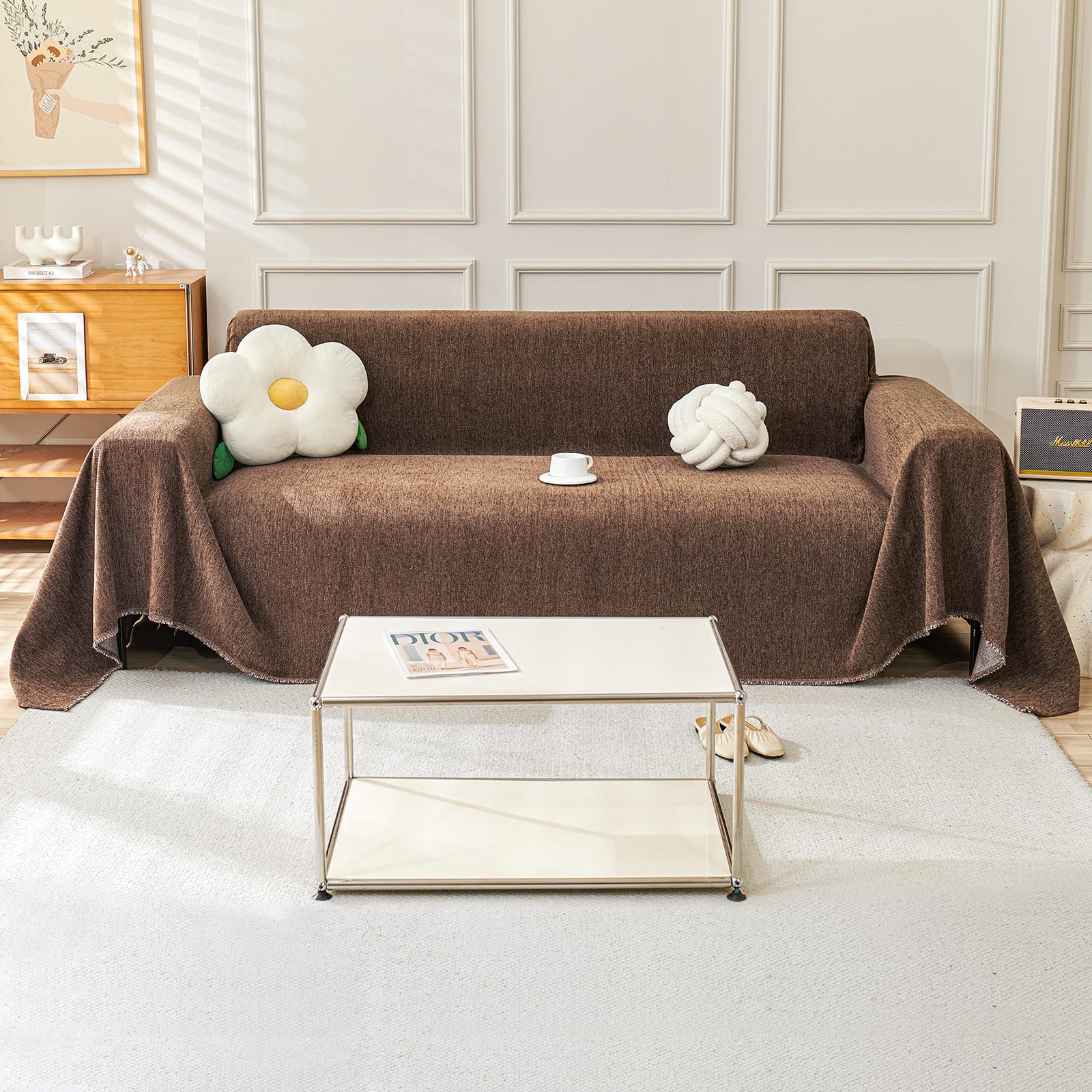 TAOTAOGO Sofa Cover 1 2 Seater Herringbone Chenille Corner Sofa Slipcover Washable L Shape Sofa Covers Sectional Couch Cover with Tassel Furniture Protector Loveseat Futon Cover B Coffee 180x260cm