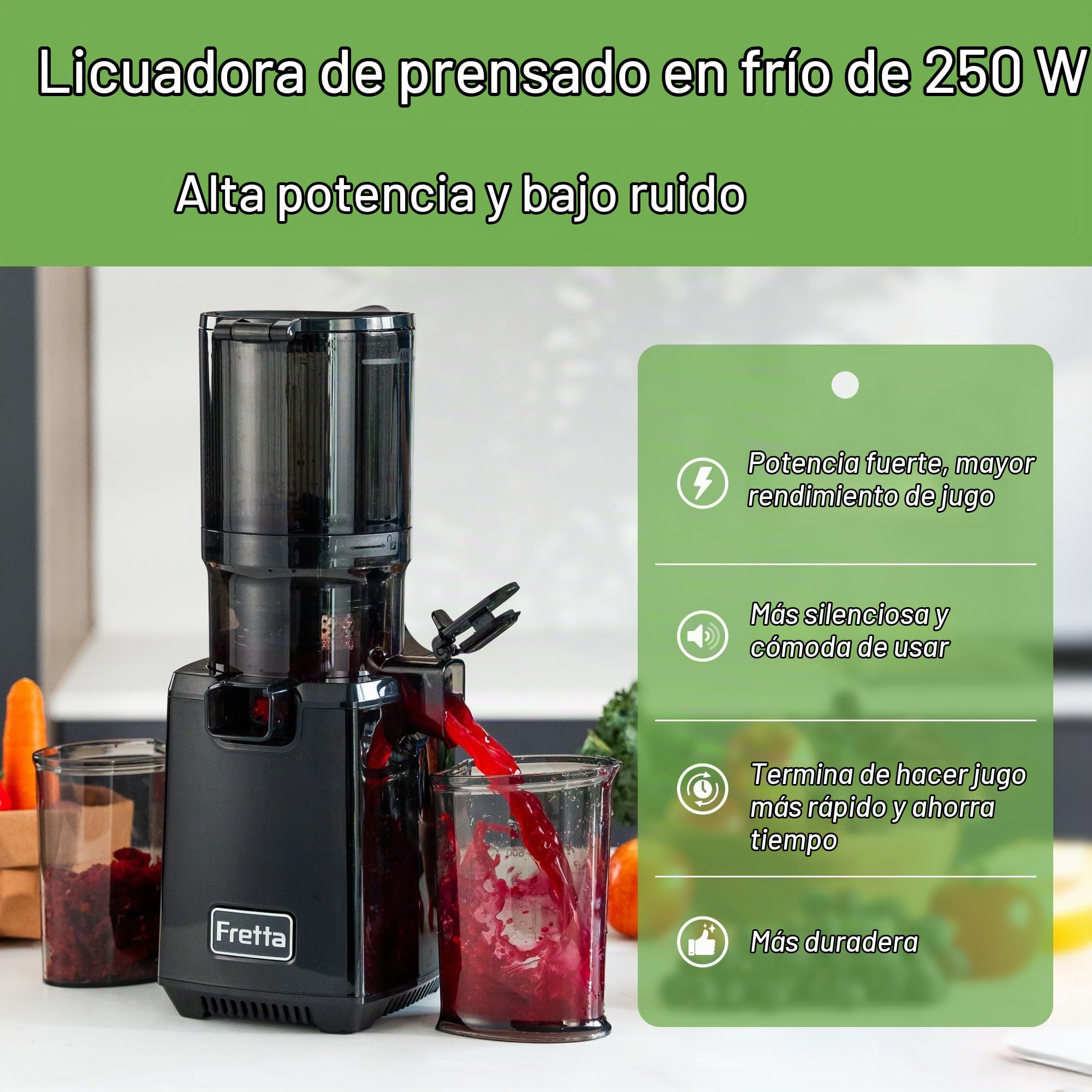Fretta Extractor de Zumos para Reuniones Boca 5.3 Pulgadas Capacidad 1,8 L | Filtro triple para mayor rendimiento, admite frutas enteras, piezas desmontables, fácil de instalar y limpiar