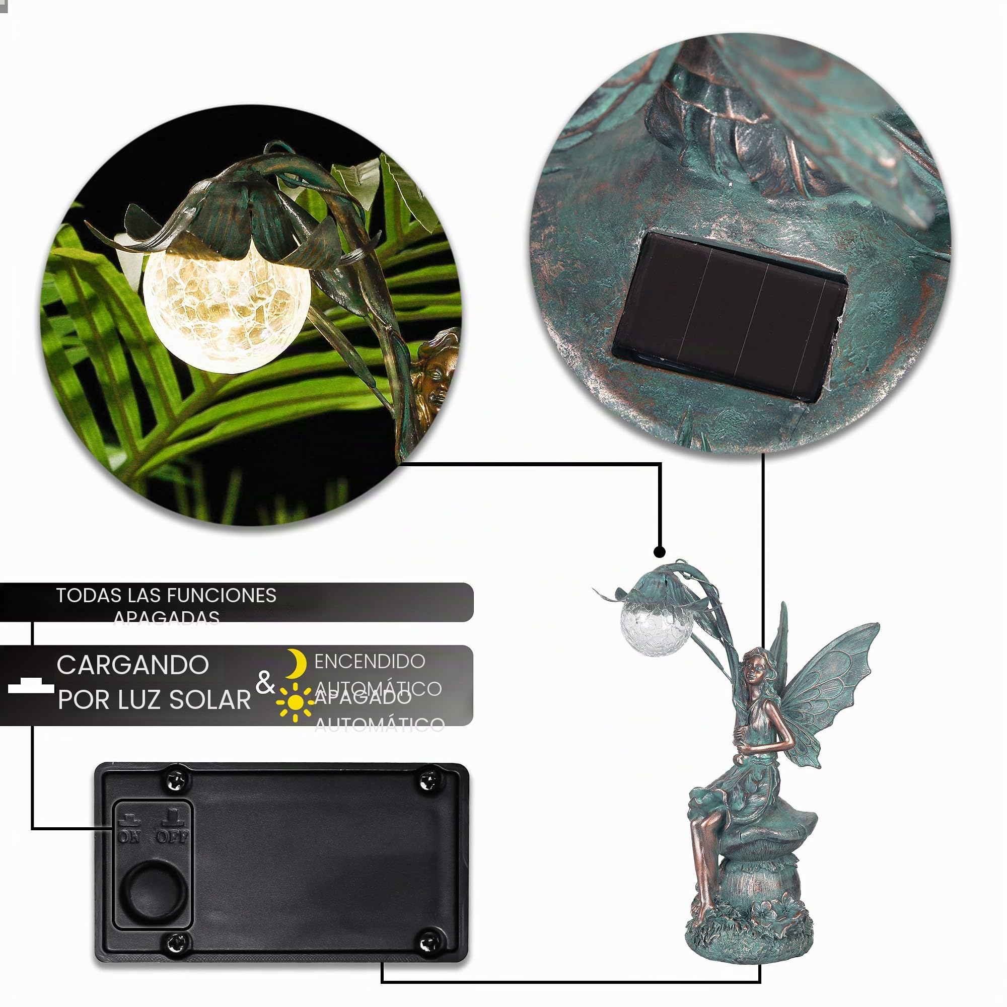 TERESA'S COLLECTIONS Decoracion Jardin Exterior, Decoración de Hada de Resina con Acabado de Bronce Patinado y Bola de Cristal Agrietada con Luces Solares, Adorno para Césped, Regalo para Mamá, 35cm