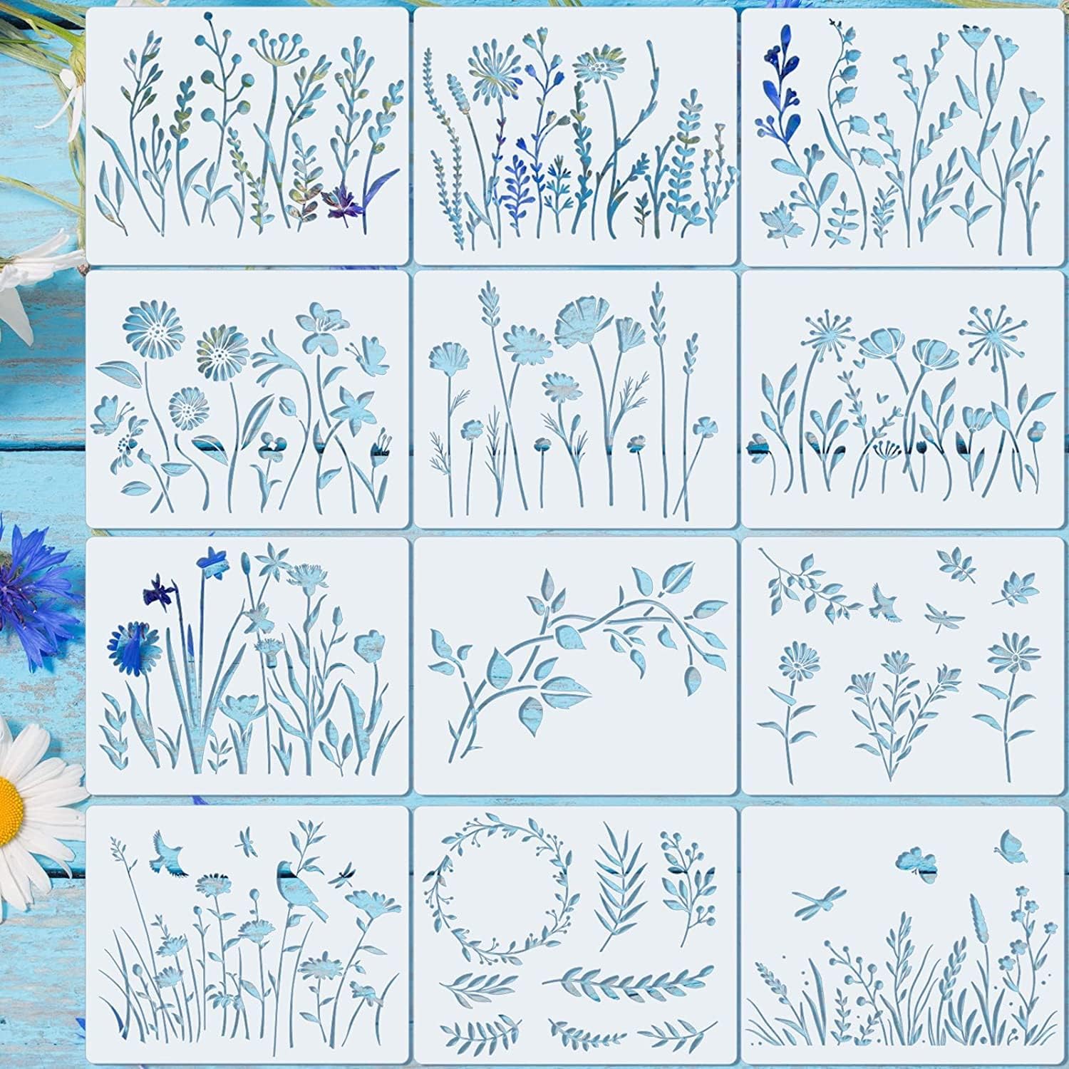 Marspark 20 Pieces Wildflower Stencils for Painting Template Flower Wall Sten...