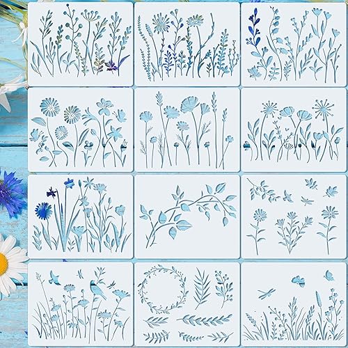 Marspark 20 plantillas de flores silvestres para pintura, plantillas de pared de flores, plantillas de primavera reutilizables, dibujo de PET para