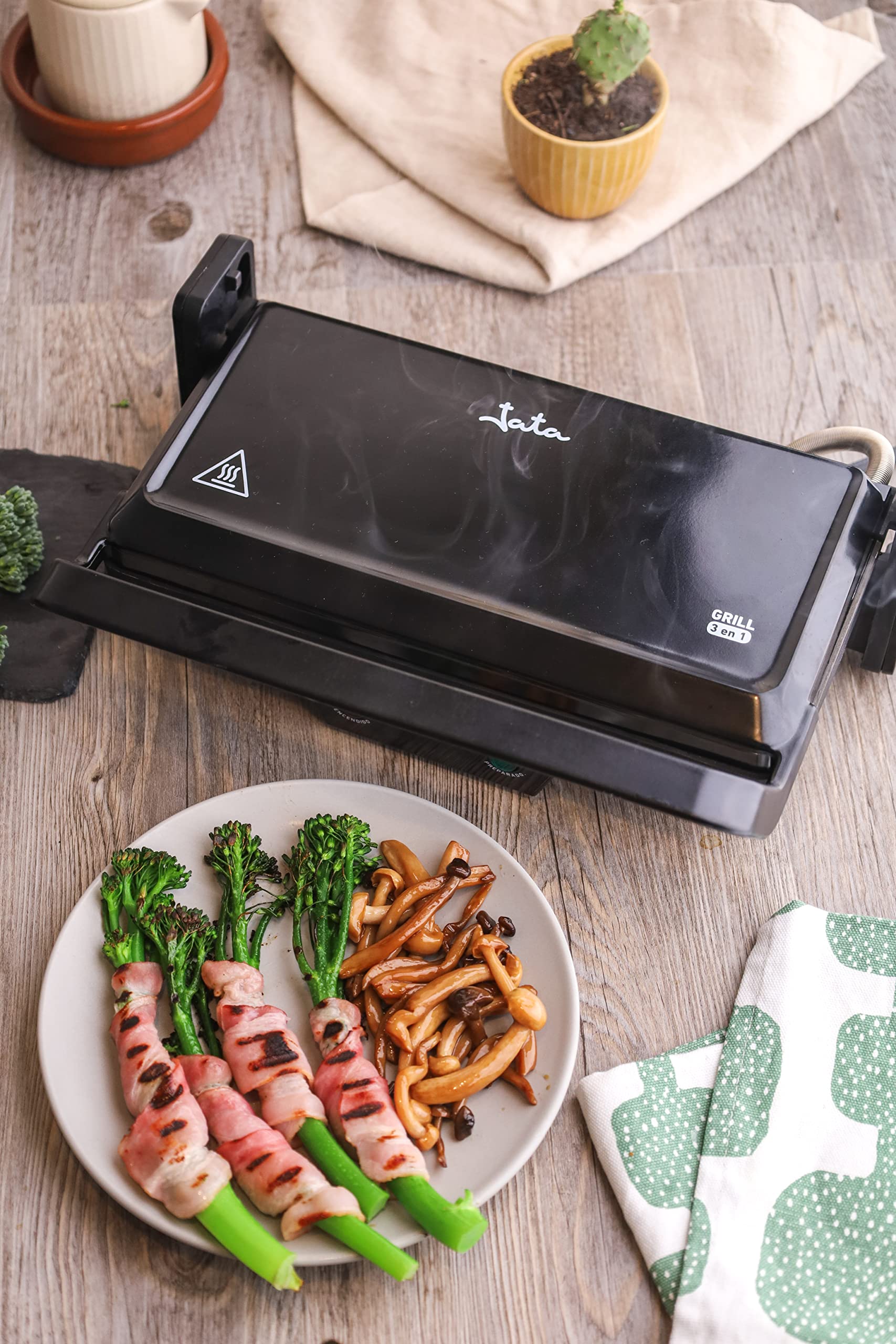 JATA GR266 - Parrilla Electrica Grill. Plancha Eléctrica 3 en 1. 1000 W, Placas Mixtas Antiadherentes 27 x 14 cm, Placa Superior Baja Recta. Apertura 180 grados, libre de PFOA