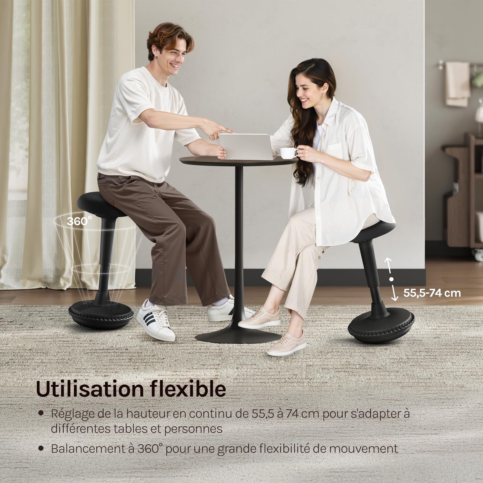 WOLTU Tabouret Ergonomique à Bascule, Tabouret Dynamique, Siège Assis-Debout Pivotant, Hauteur Réglable 55,5 à 74 cm, pour Bureau à Domicile, Noir