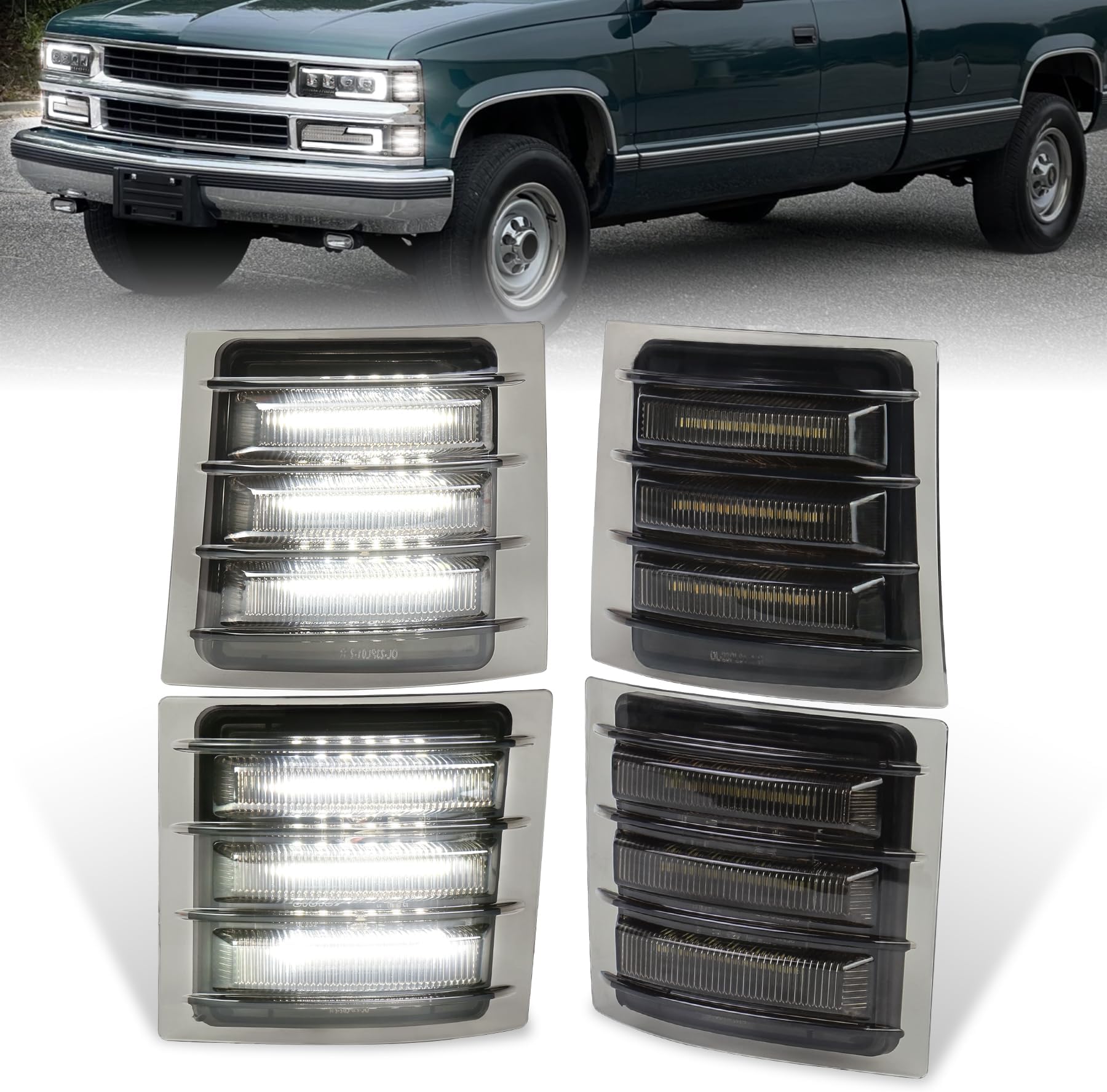 MOVOTOR LED Side Marker Light Assembly with White Sequential Turn Signal LED Front Corner Lights Compatible with 1994-1998 Chevy C/K 1500 2500 3500 C10 Silverado Tahoe Suburban(NOT FIT for GMC)