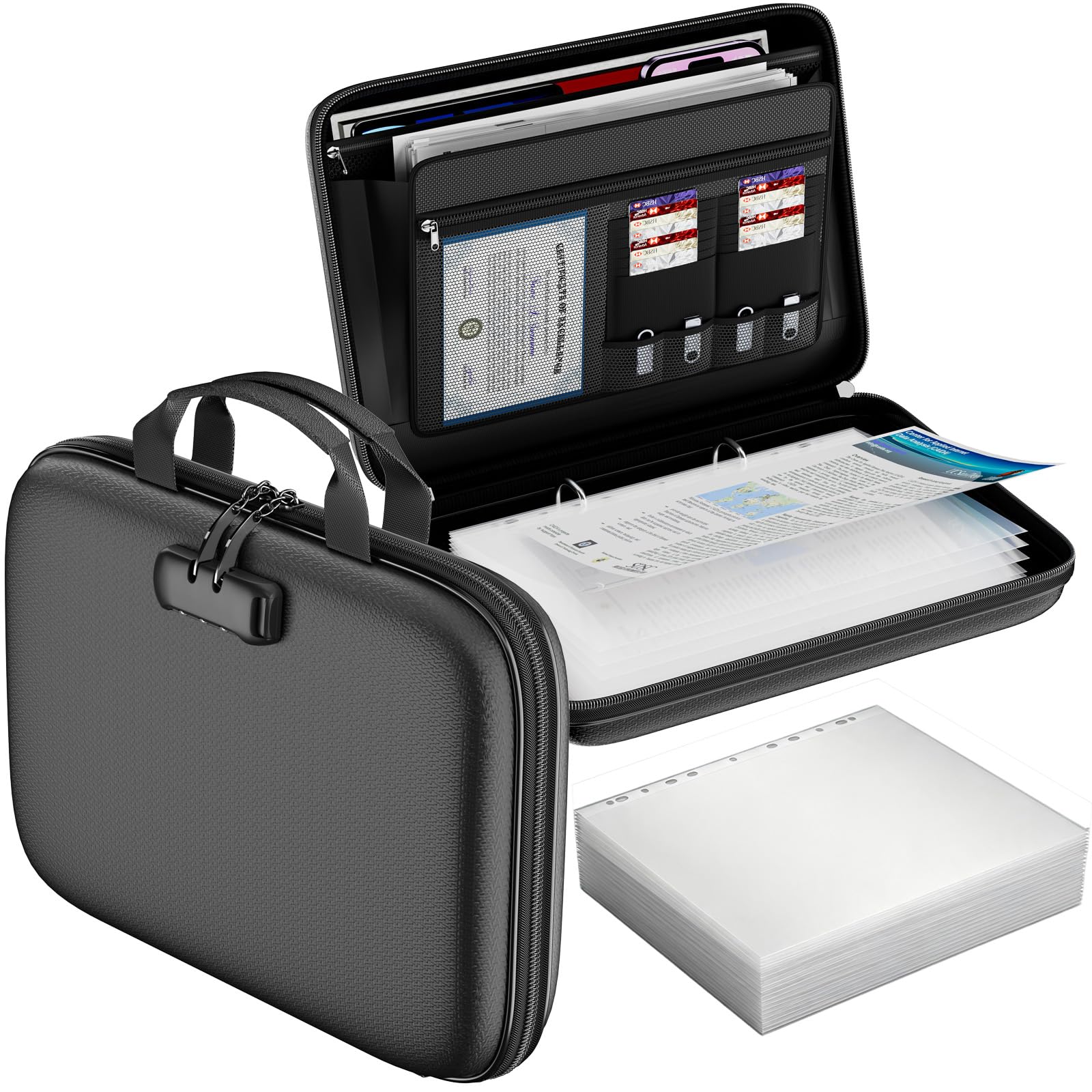DocSafe Feuerfester Dokumentenorganizer mit 100 Klarsichthüllen & Schloss | 5200°F,Hartschale & wasserfest,A4-Dokumentenmappe & Ringbuch für Büro Zuhause,Ringordner mit 2-Ring-Mechanik,Bis zu 400 Blatt
