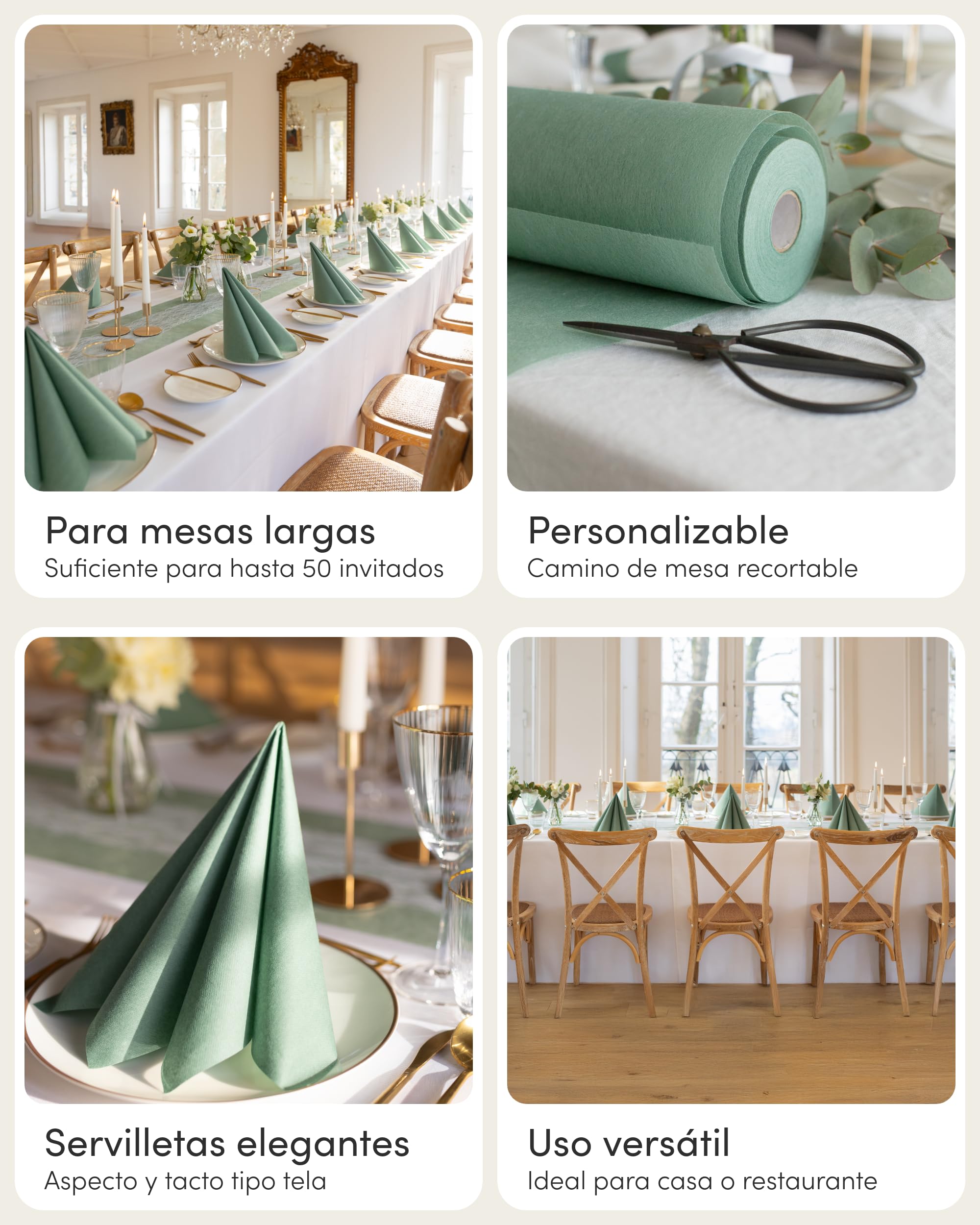 100%Mosel Kit de decoración de mesa – Verde Eucalipto & Blanco (25–50 inv.) | Camino de tejido no tejido & Encaje con Servilletas airlaid – Kit para Boda, Bautizo & Comunión