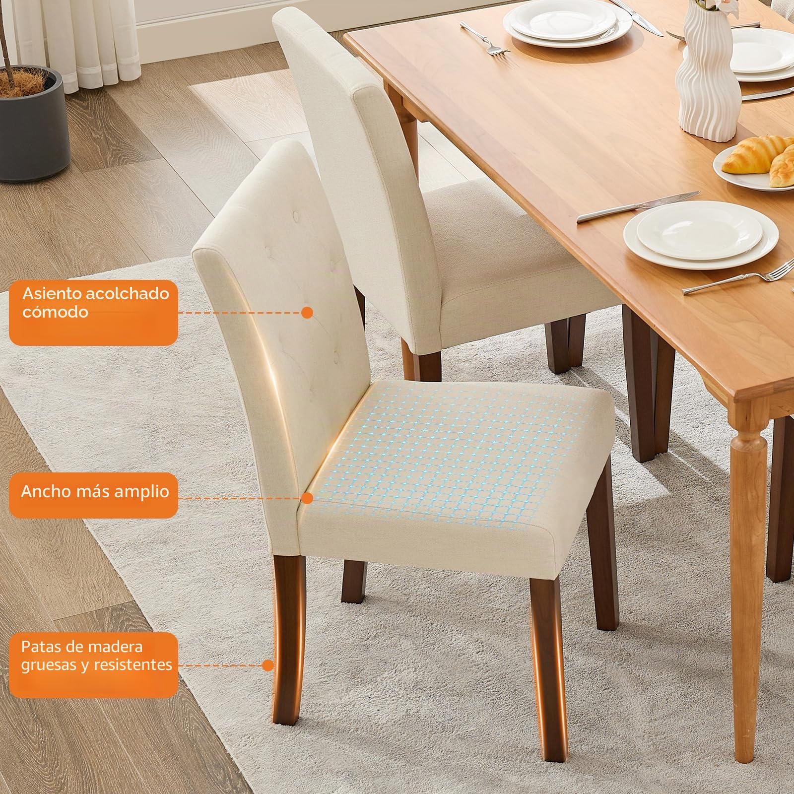 Sillas De Comedor Modernas Tapizadas - Juego 2 con Lino Gris, Diseño Parsons, Patas Madera Resistentes, Respaldo Alto Comodidad para Comedor, Cocina, Restaurante Paquete Lino (Beige 2)