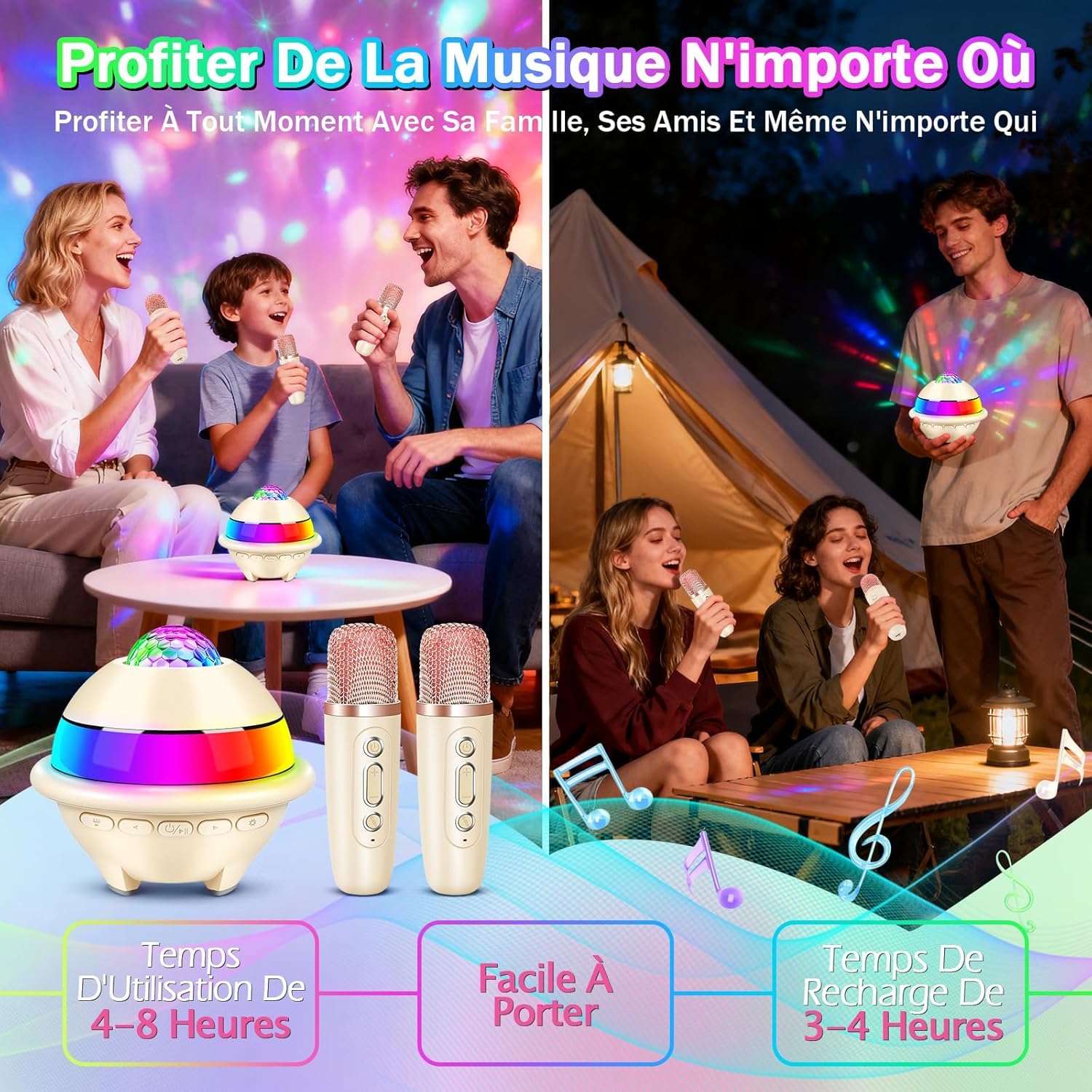 JONRRYIN Micro Karaoke Enfant avec Lumineux LED Disco, Enfant Enceinte Karaoké Portable avec 2 Microphone sans Fil Bluetooth, Micro Enfant pour Chanter, Jouet Cadeau Paques Fille (Blanc)