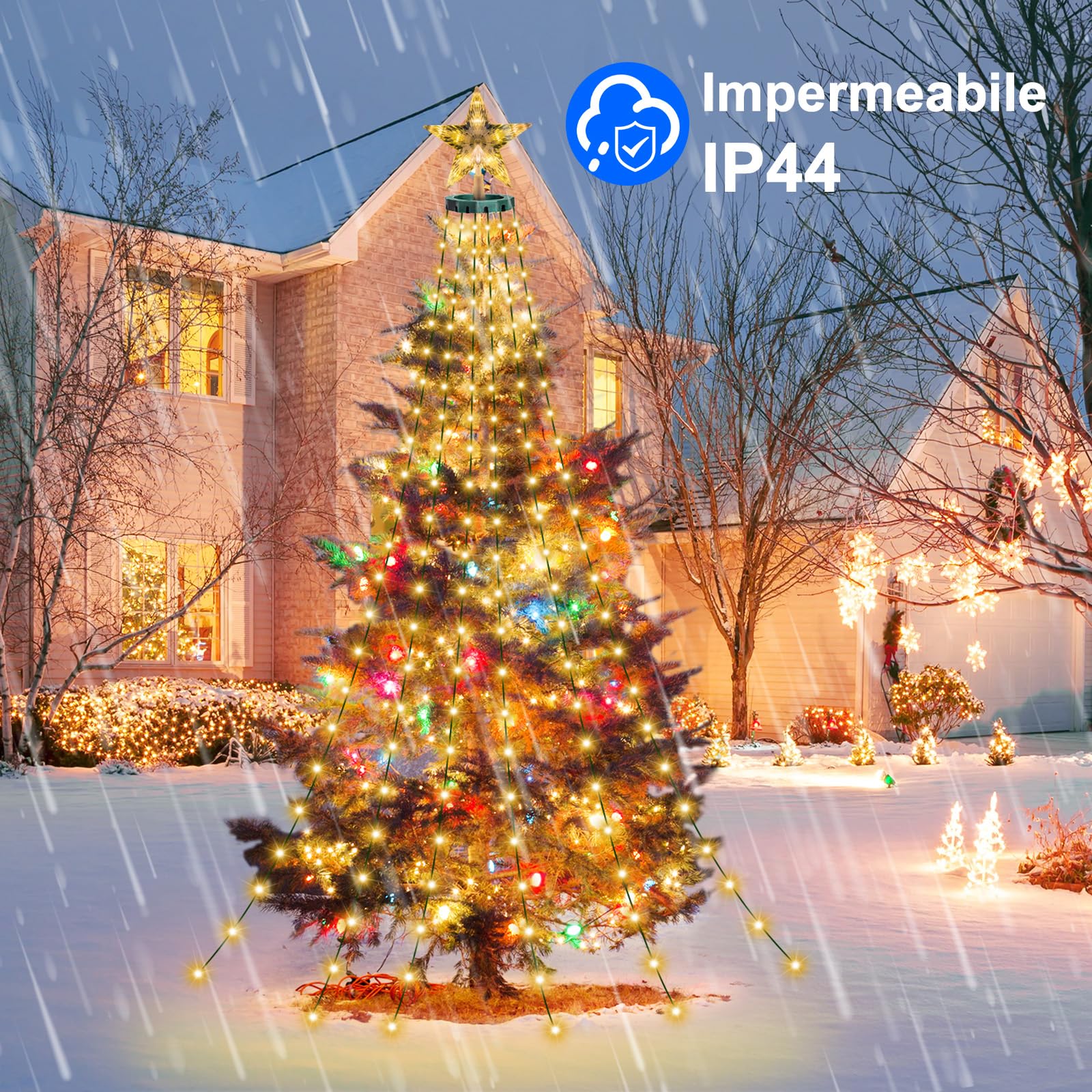 410 LED Luci Albero di Natale, 8 Modalità 2Mx16 Fili Mantello Luci per Albero di Natale a Cascata con Star Topper， Impermeabile Luminarie Natalizie con Telecomando per Interno Esterno Decorazioni | 8 Modalità luminose, Impermeabile Luminarie Natalizie con