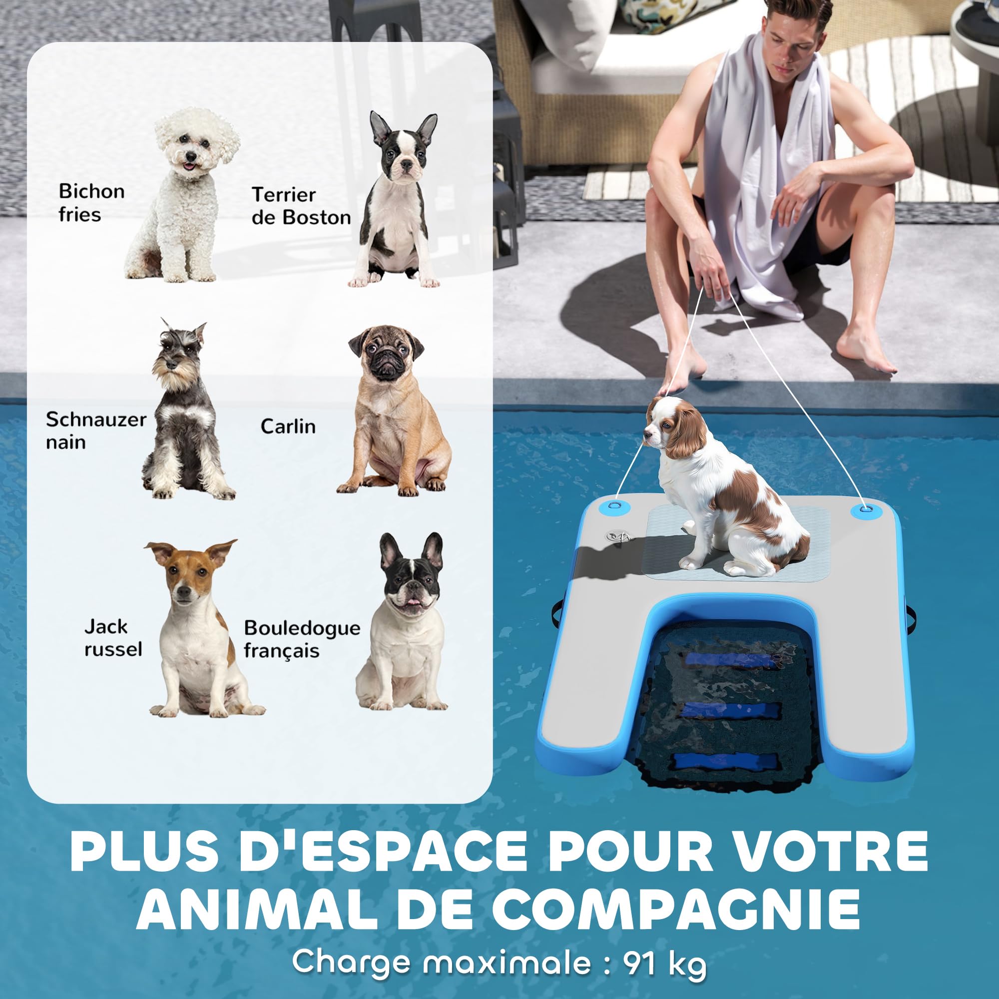 PawHut Rampe Gonflable de Radeau pour Chien antidérapante Bleu et Gris | Plate-forme flottante de sports nautiques, échelle flottante pour piscine, lac, bateau
