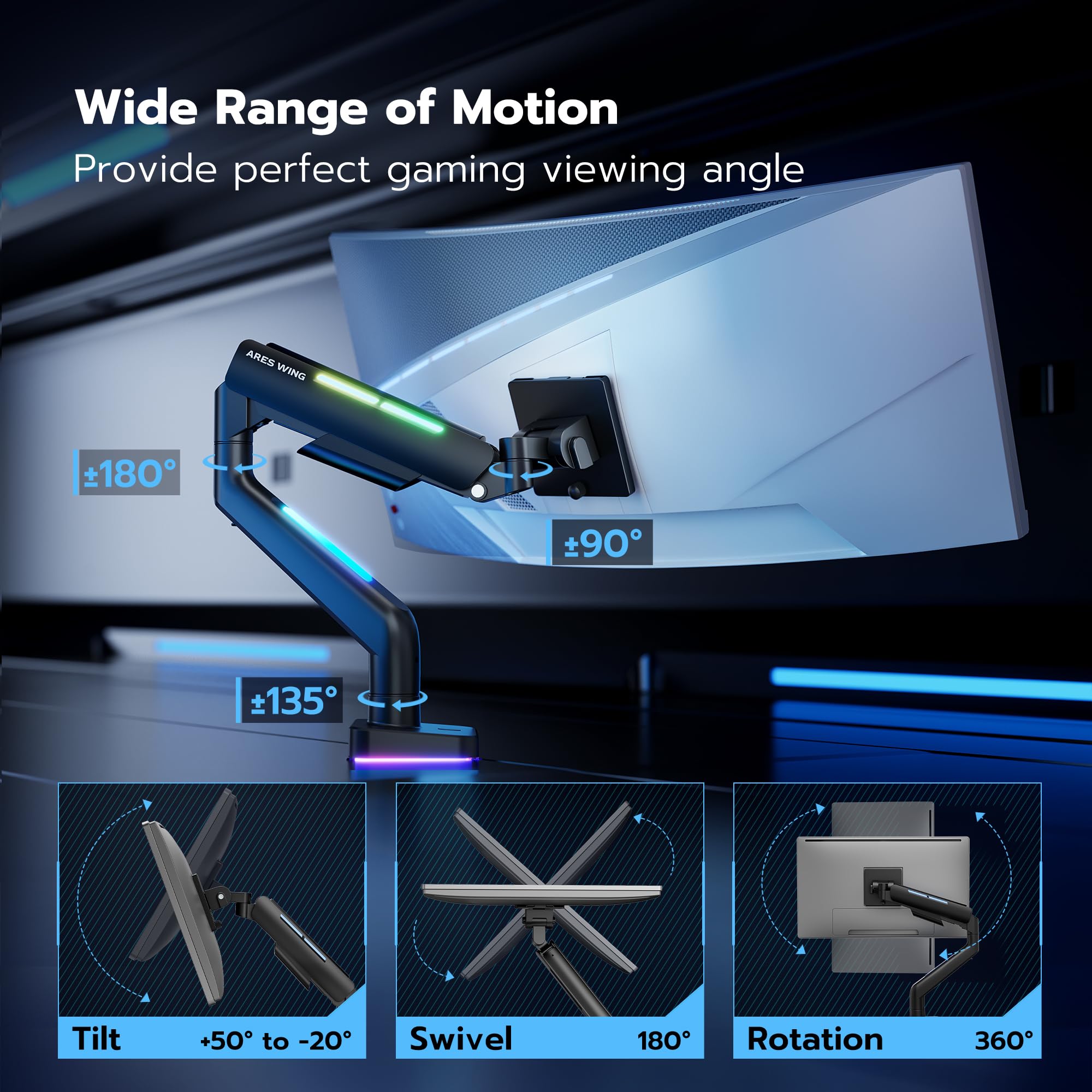 Ares Wing Monitor Mount for 17 to 49 Inch Curved and Ultrawide Monitor, Monitor Arm Support up to 44lbs, Adjustable Gas Spring Clamp and Grommet Single Monitor Mount, Black