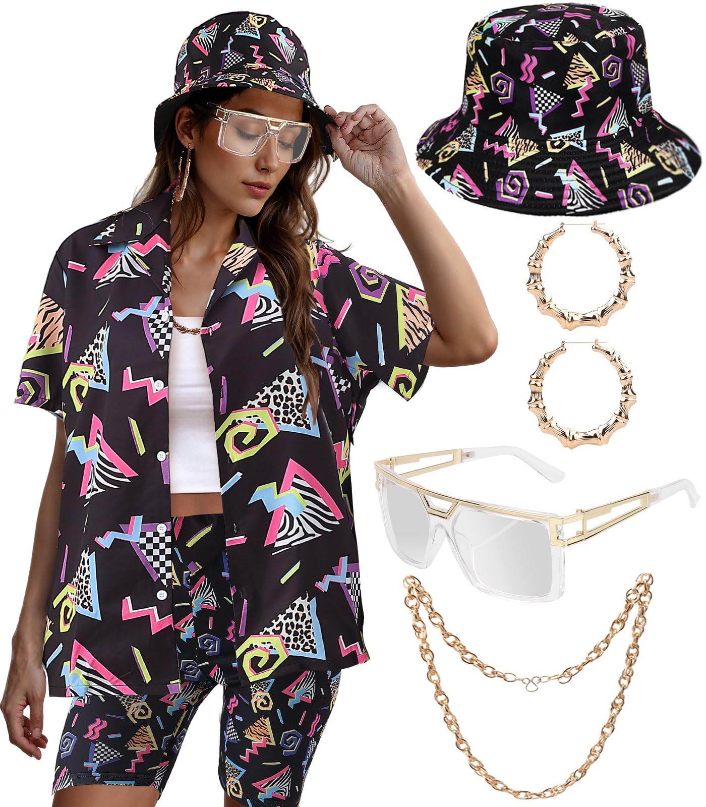 80s 90s Outfit for Women Retro Theme Party Disco Outfit Hip Hop Button Up Blouse Tops Casual Short Sleeve Hawaiian Vintage Black L