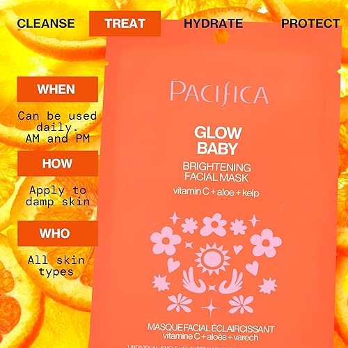 Miniatura 10 de Pacifica Mascarilla facial de hoja, máscara facial iluminadora para bebés con vitamina C, aloe y algas marinas, mascarilla refrescante para manchas