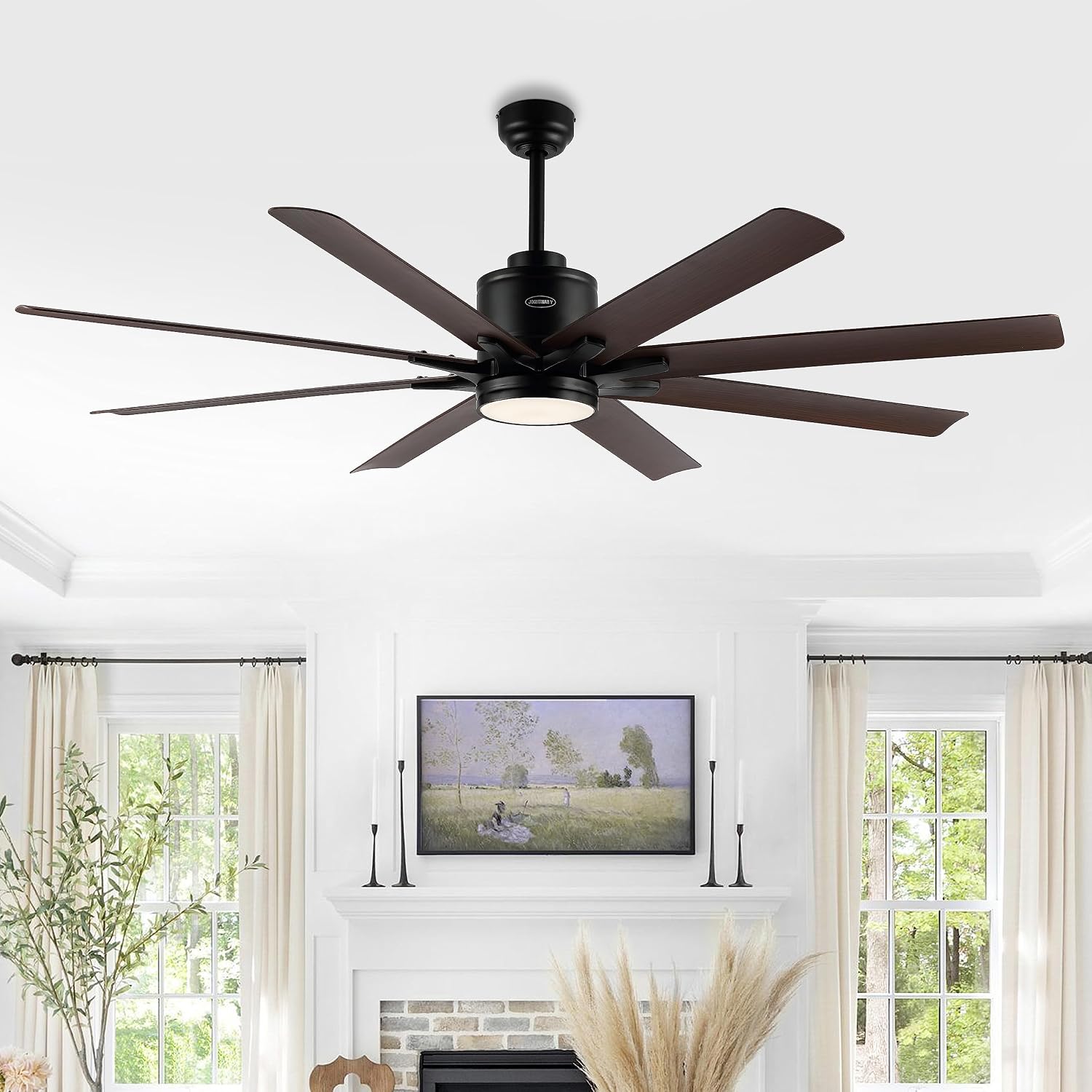 JONATHAN Y 66" Black/Neutral Brown Wood Finish Modern Industrial Ceiling Fan with LED Light, 6-Speed Smart Fan with App and Remote Control, White Acrylic Shade, Large Slope-Compatible Fan (JYL9713B)