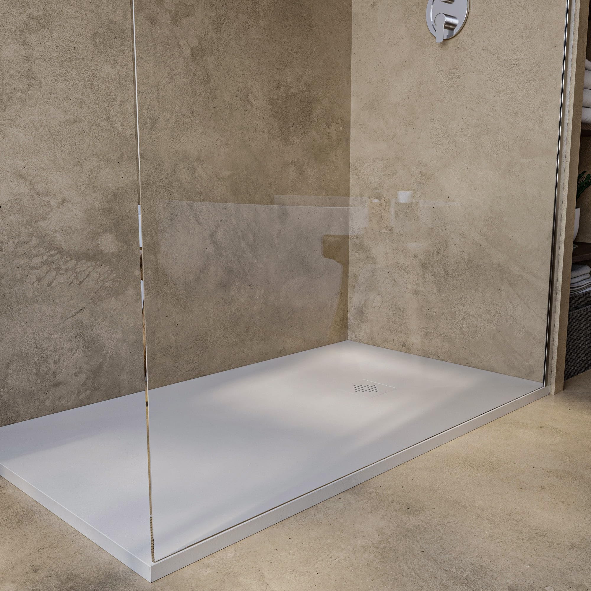 SOULHOME Brodzik prysznicowy– Żywica– Gel Coat– Gładka/Kamienna tekstura – Antypoślizgowy – Kolor złamana biel – 150x90- Niski 3 cm– Z dodatkowym syfonem – Standard