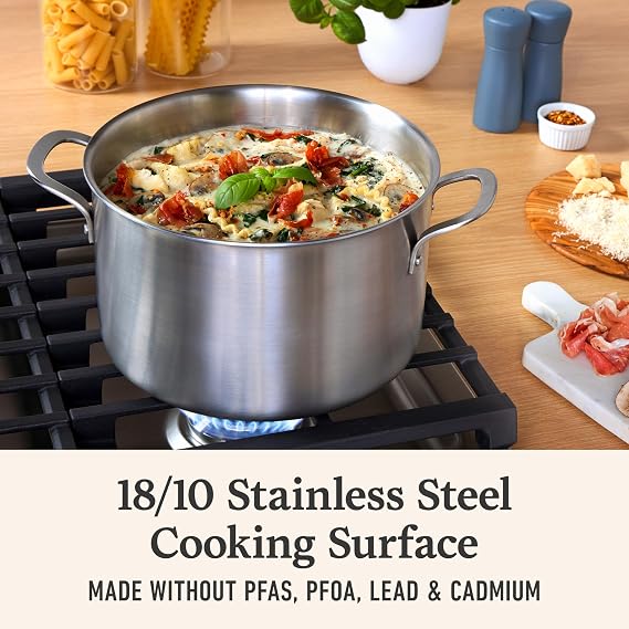 Calphalon Brushed 3-Ply Stainless Steel Cookware Set w/Turbo Heat Tech 6Qt Stock Pot with Lid, Induction, Oven Safe 450F, Brushed Stainless Silver