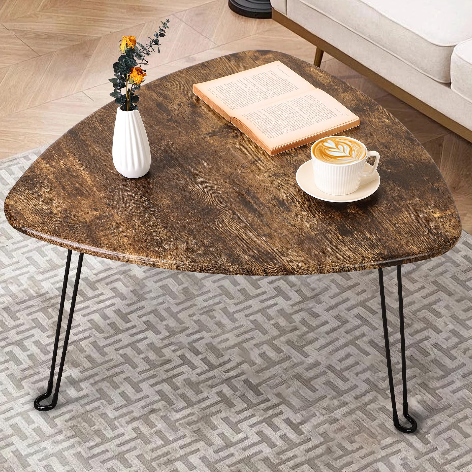Mesa De Centro Plegable Patrón Triangular, Mesa Decorativa Ovalada De Madera De Medios De Siglo Con Patas De Metal, Tamaño 72D X 72 W X 42,5 H Centímetros