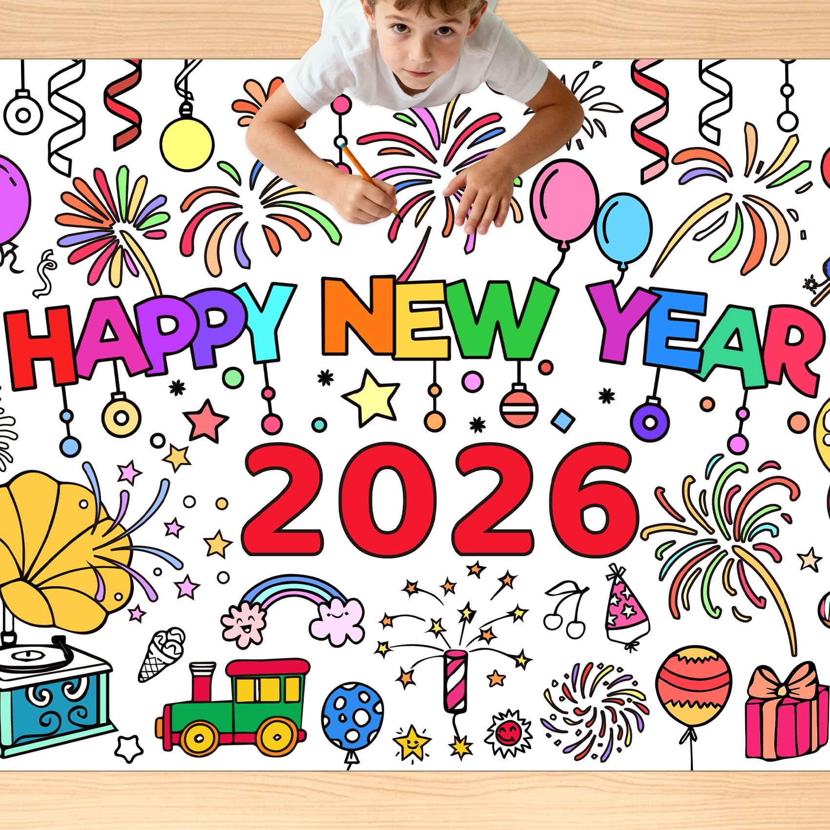 Happy New Year Coloring Tablecloth/Poster, New Years Decorations 2026, 72"x30" Giant Paper Coloring Banner Tablecloth for Kids Crafts Activities Party Decorations, Fun DIY New Years Eve Party Supplies Happy New Year 1pcs