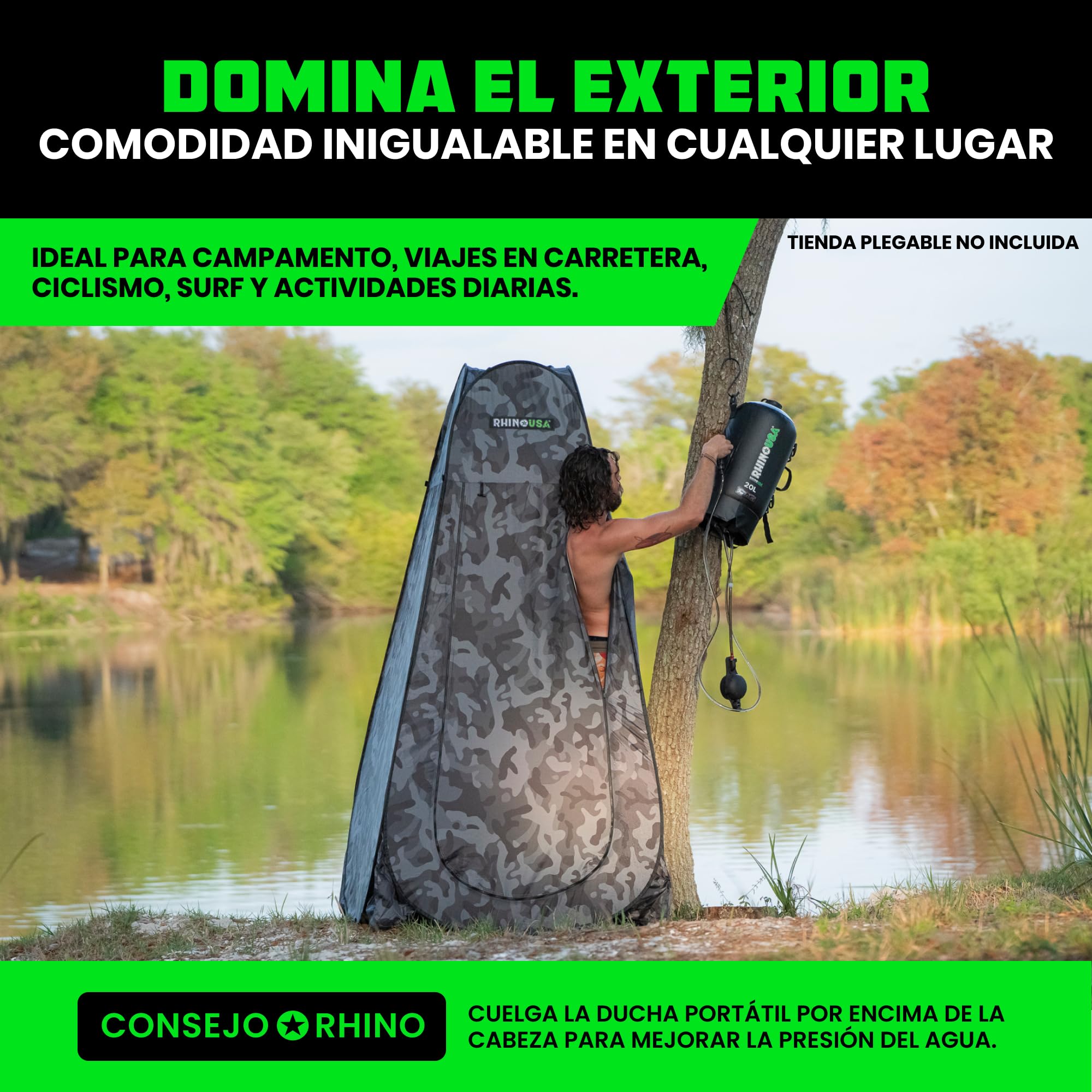 Rhino USA Ducha solar portátil de 5 galones/20 litros, esencial para camping, festivales, aterrizaje, viajes a la playa, ducha al aire libre y mucho más