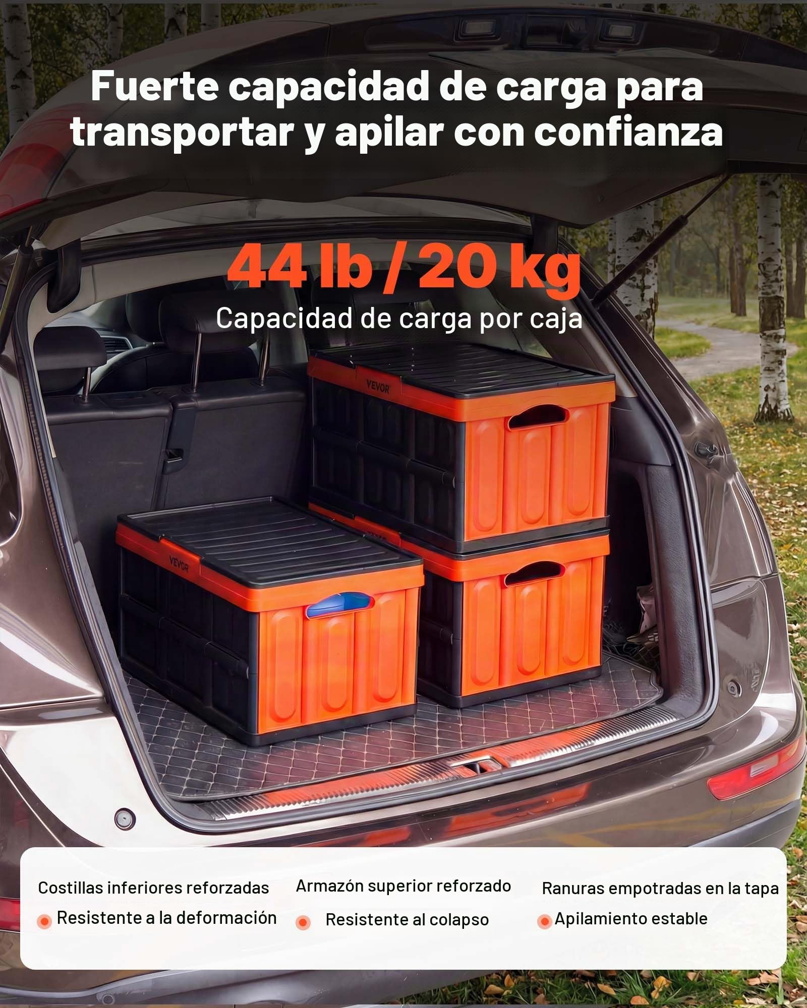VEVOR Cajas de Almacenaje Plegables de Plástico 45 L, 3 Unidades, Contenedores de Almacenaje con Asas, Tapa Apilable, Soporta 20 kg, Ahorra Espacio para Coche Camping Organización Hogar, Naranja Negro