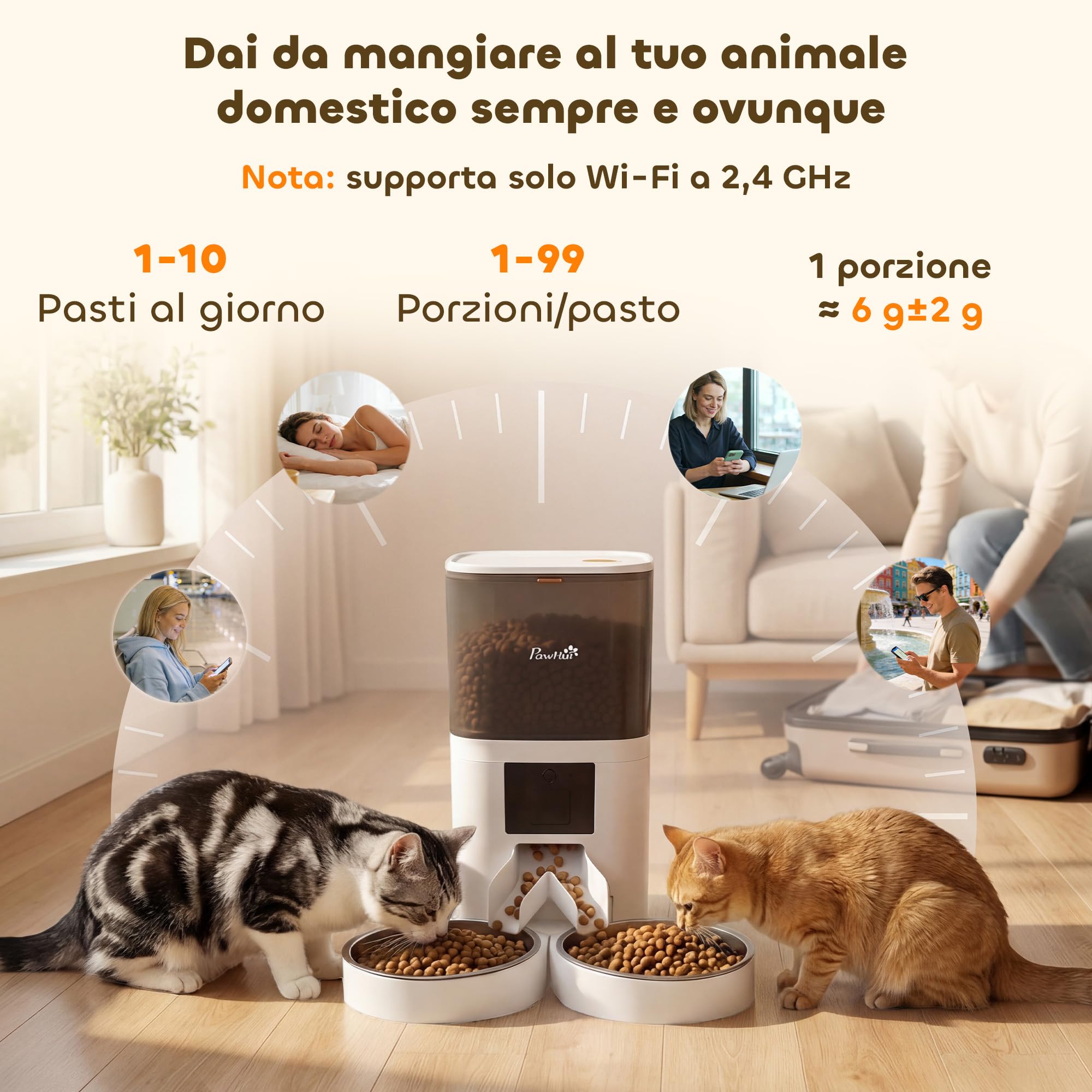 PawHut Distributore Automatico Cibo Gatti 6L WiFi 2.4G, Dispenser Crocchette Gatto App Controllo con Timer, 1-10 Pasti al Giorno, Registratore 10s, 2 Ciotole in Acciaio Inox, per Cani Media e Piccolo
