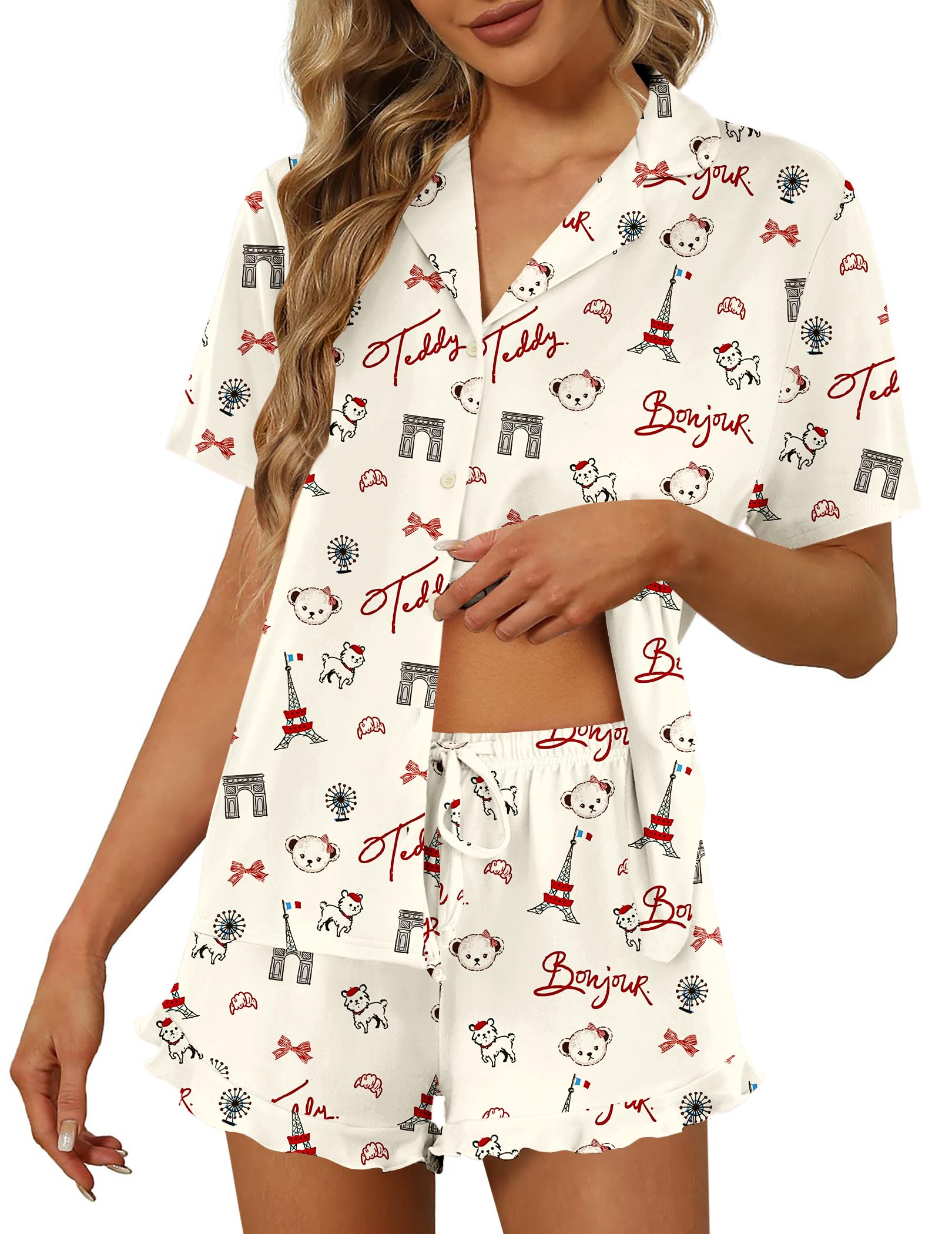Ekouaer Pajamas Set for Women Short Sleeve Sleepwear Button Down Ruffle Pjs | Soft Pjs Shorts Set, Notch Collar, Lounge Sets for Sleep, Lounge, Wedding, Bridal Party