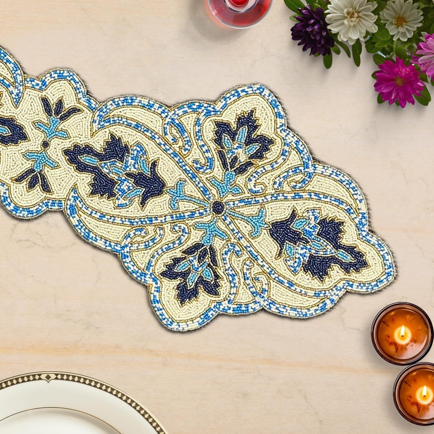 Decozen Beaded Table Runner - Embroidered Kitchen Runners for Dining Coffee Table Scratch Heat Stain Resistant Charger Kitchen Decor Durable - 54 x 13 Inches, Blue White