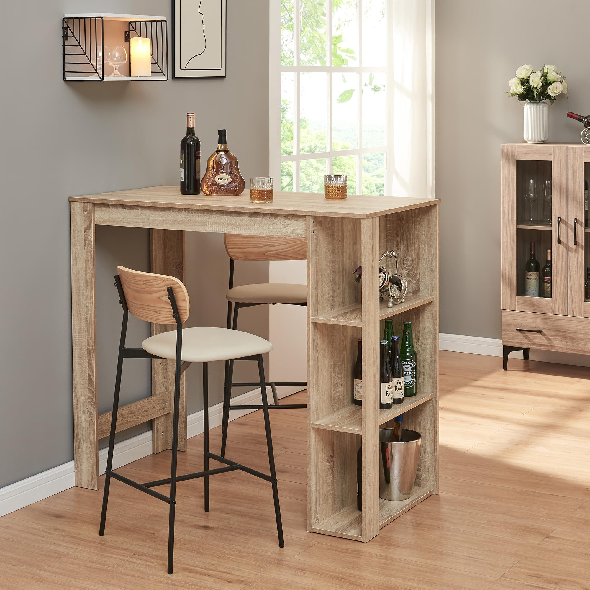 [en.casa] Table de Bar Design avec Surfaces de Rangement Table Bistrot avec 3 Étagères Panneaux de Particules 120 x 60 x 106 cm Effet Chêne