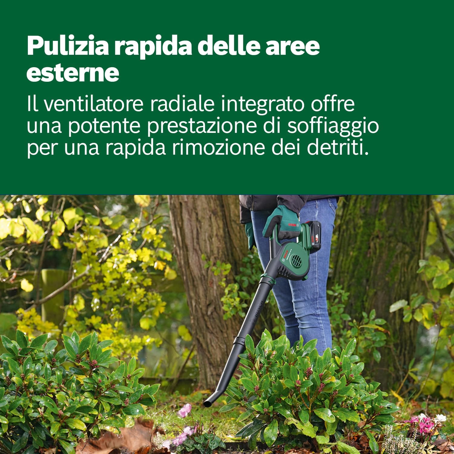 Person using the Bosch UniversalLeafBlower in a garden