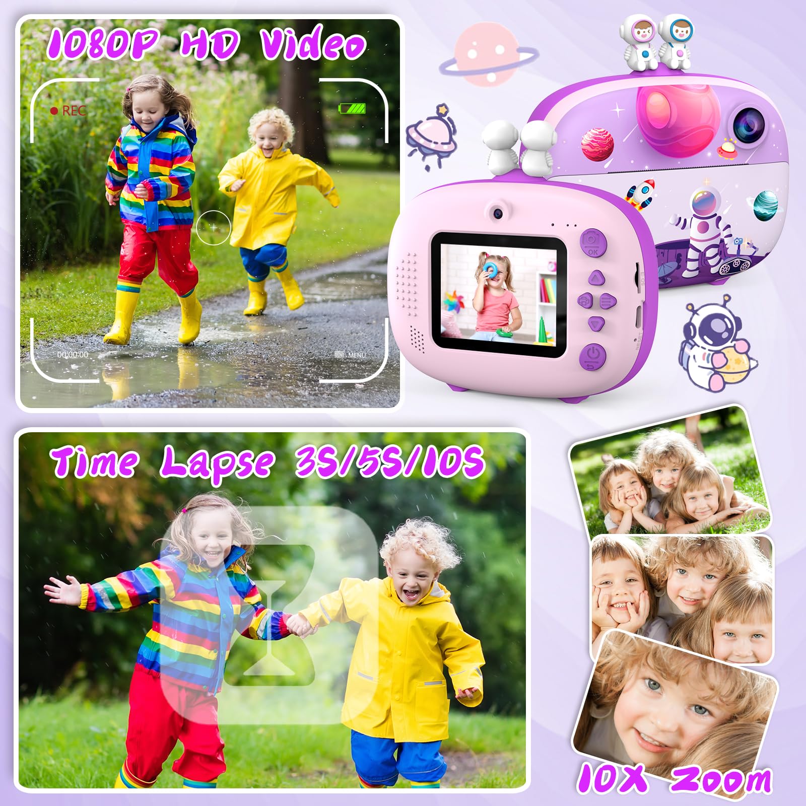 CHAKEYAKE Macchina Fotografica Bambini Istantanea,2,4 Pollici Digitale Fotocamera Bambini con 32GB TF Scheda e Carta Fotografica per Stampa, Regalo per Bambini dai 3-12 Anni (Pianeta Viola)
