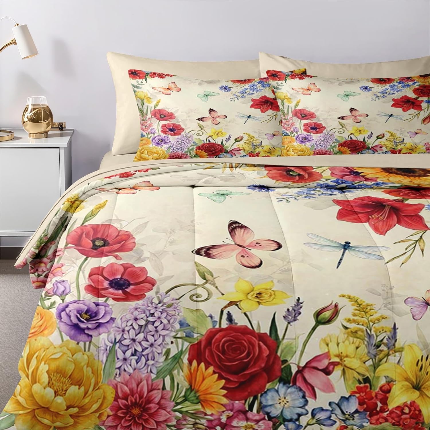 Nesker 7 Pcs Spring Comforter Set Queen Size, Floral Butterfly Bedding Set for Kids and Adults, Poppy Rose Bed Sheet Sets with Fitted Sheet 2 Pillowcases & 2 Shams