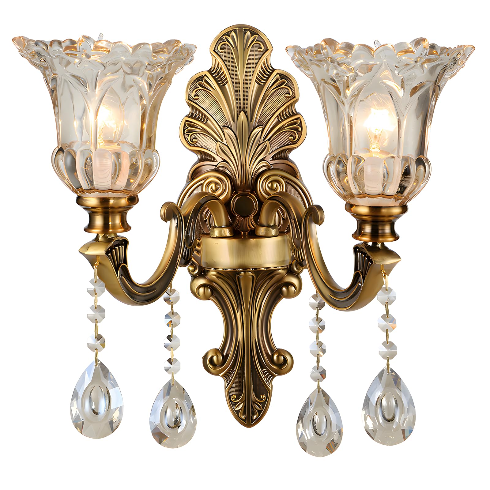 Vintage Floral Wall Mount Lamp 2 Head Crystal Glass Shade Wall Sconce Light Retro Golden Bronze Color Decoration Metal Wall Lamp, Bedside Living Room Restaurant Stairs Hotel Bars (E14 Base, No Bulb)