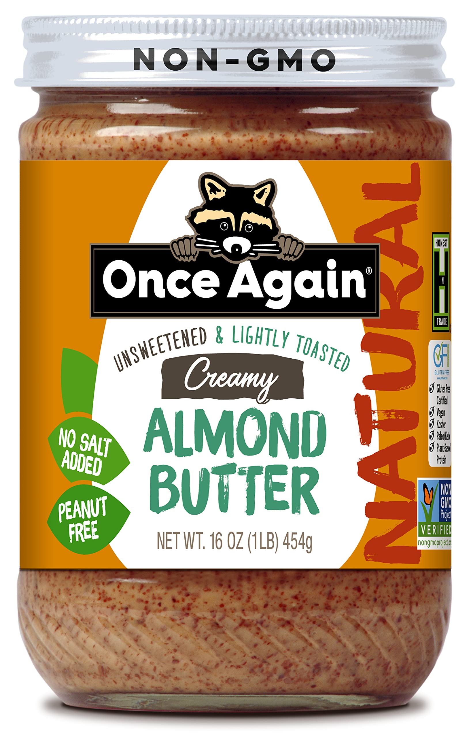 Once Again Natural Creamy Almond Butter, 16oz - Lightly Toasted - Salt Free, Unsweetened - Gluten Free Certified, Peanut Free, Vegan, Kosher, Paleo - Glass Jar