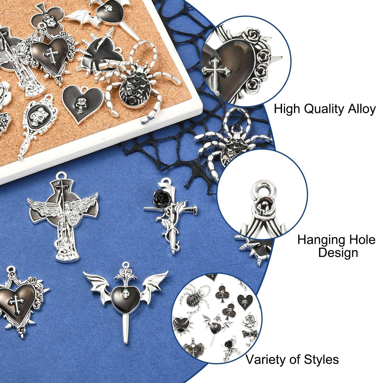 Stiesy 20Pcs 10 Styles Black Gothic Charms Pendant Skull Cross Wing Heart Flower Charm Bulk Punk Enamel Pendants for Jewellery Making Crafts Bracelets Necklaces DIY - Image 3