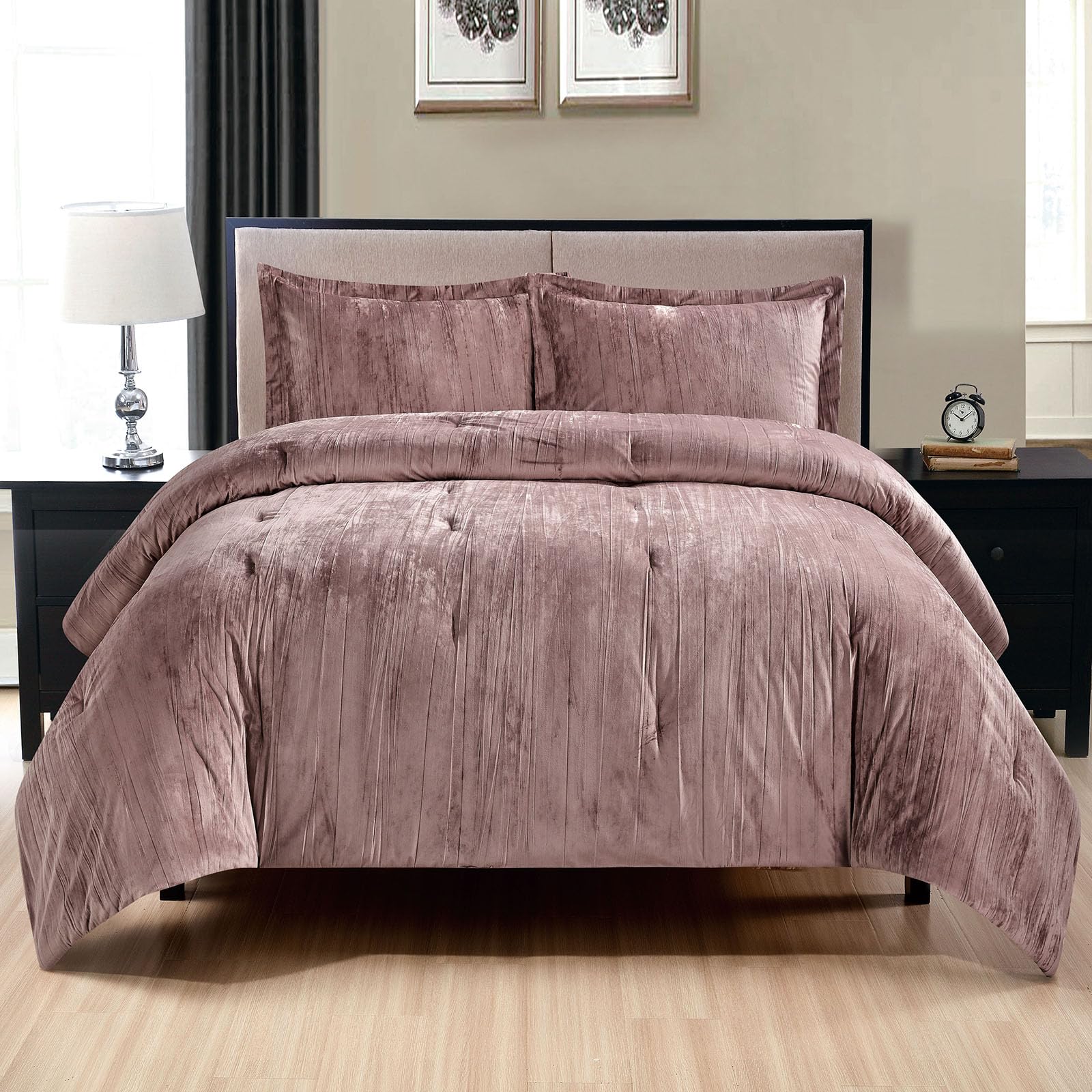 Photo 1 of Fredsure Crinkle Velvet Comforter Set, 3 Pieces Dusty Mauve King, Crinkle Velvet Face and Brushed Microfiber Reverse, with Light Poly Fill