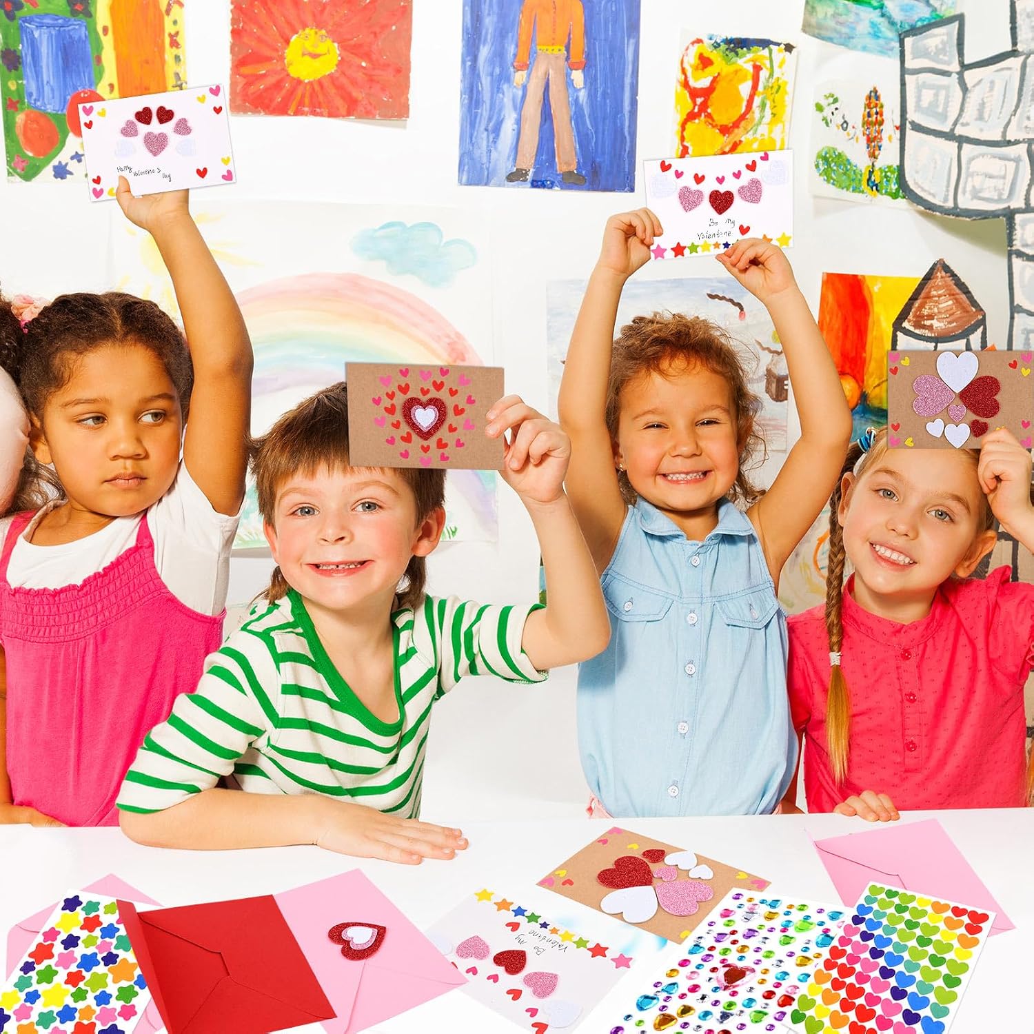 Valentine's Day DIY Paper Craft Kit Including Valentines DIY Card Envelopes with Heart Star Stickers for Kids for Valentines Party Classroom Activity Craft Supplies