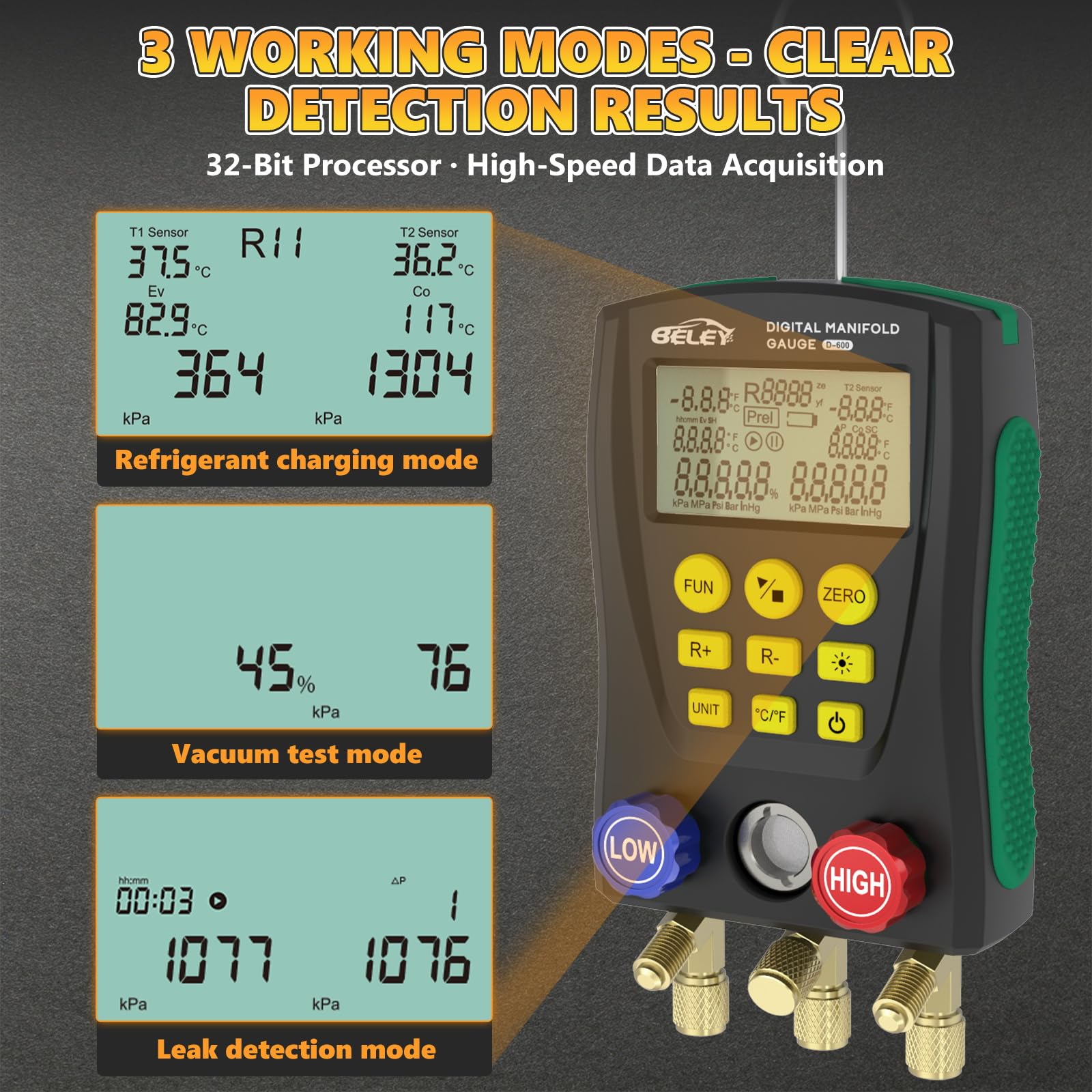 Refrigerazione Digital Collettore Gauge Meter- PARAOUTIL Tester Pressione e Temperatura del Vuoto HVAC per 89 Tipi Refrigeranti (R32 R410a) per la Manutenzione del Condizionatore D'aria, Frigorifero