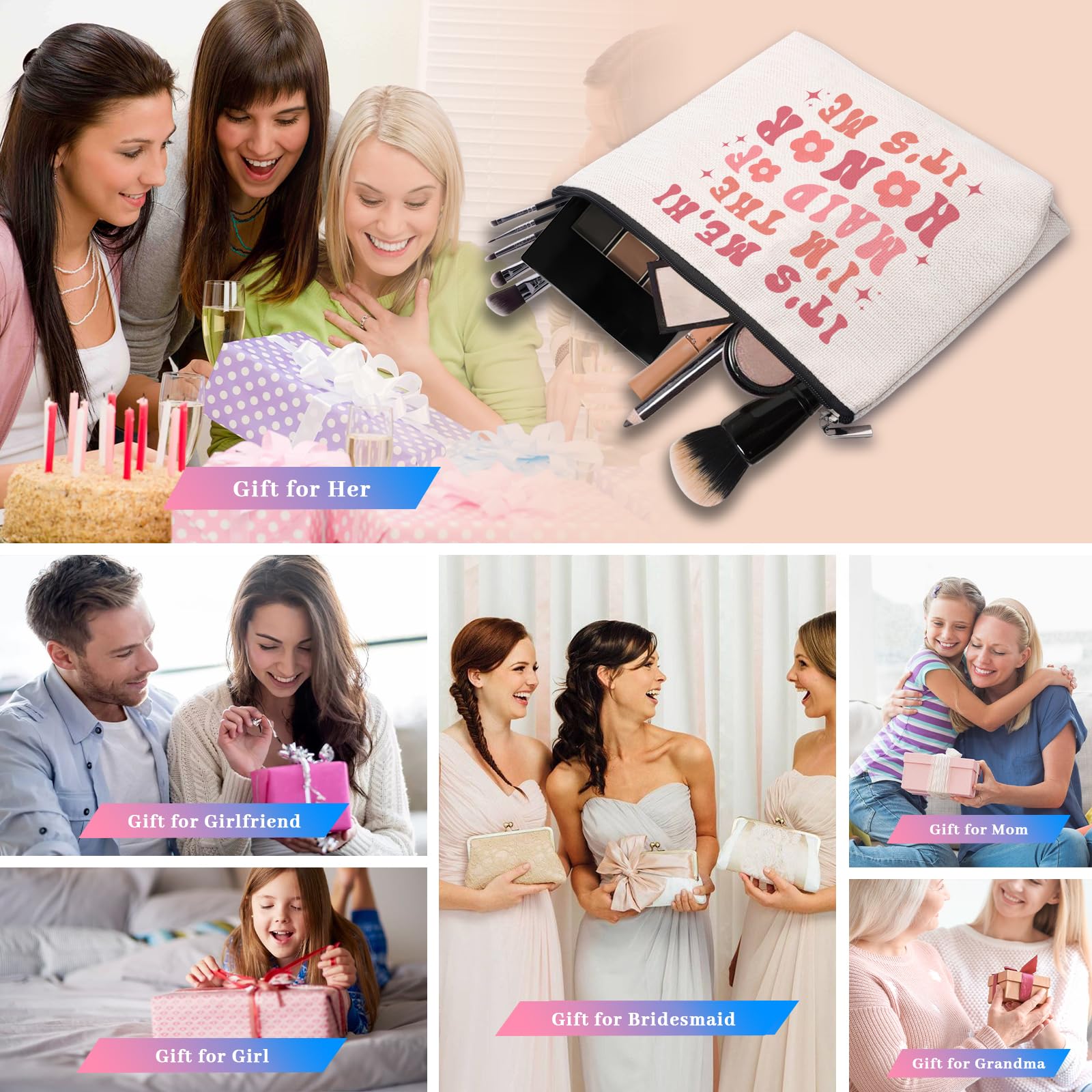 Maid of Honor Gift from Bride, Bridesmaids Proposal Gifts, Bachelorette Party Gift for Maid of Honor, Wedding Gifts for Sister Besties Friends Women Bridesmaid Makeup Cosmetic Bag Travel Pouch