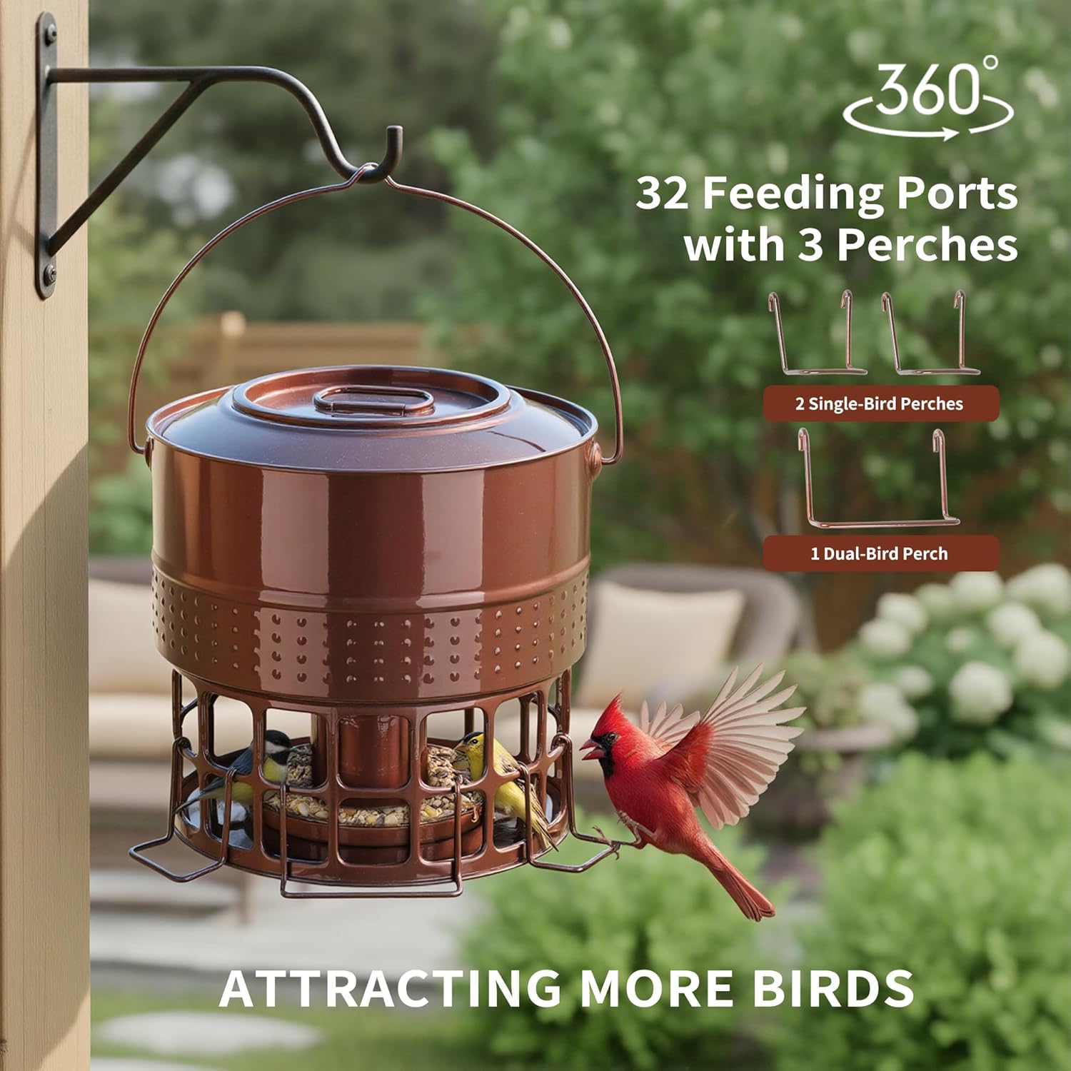 Solution4Patio Bird Feeder, 8LB Powder Coated Metal Wild Birdfeeder with 32 Feeding Stations & Triple Perches, Rust-Proof Hanging Design for Cardinals, Finches and Outdoor Garden Use (Glazed Red)