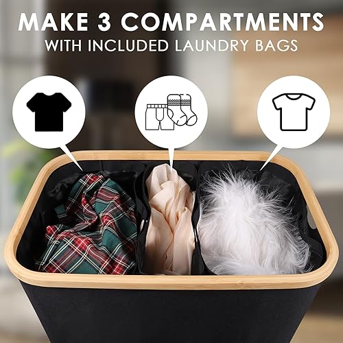 Miniatura 3 de Cesta de lavandería de 140 litros con tapa, cesta de lavandería extra grande con 3 forros extraíbles (3 compartimentos), soporta hasta una semana de