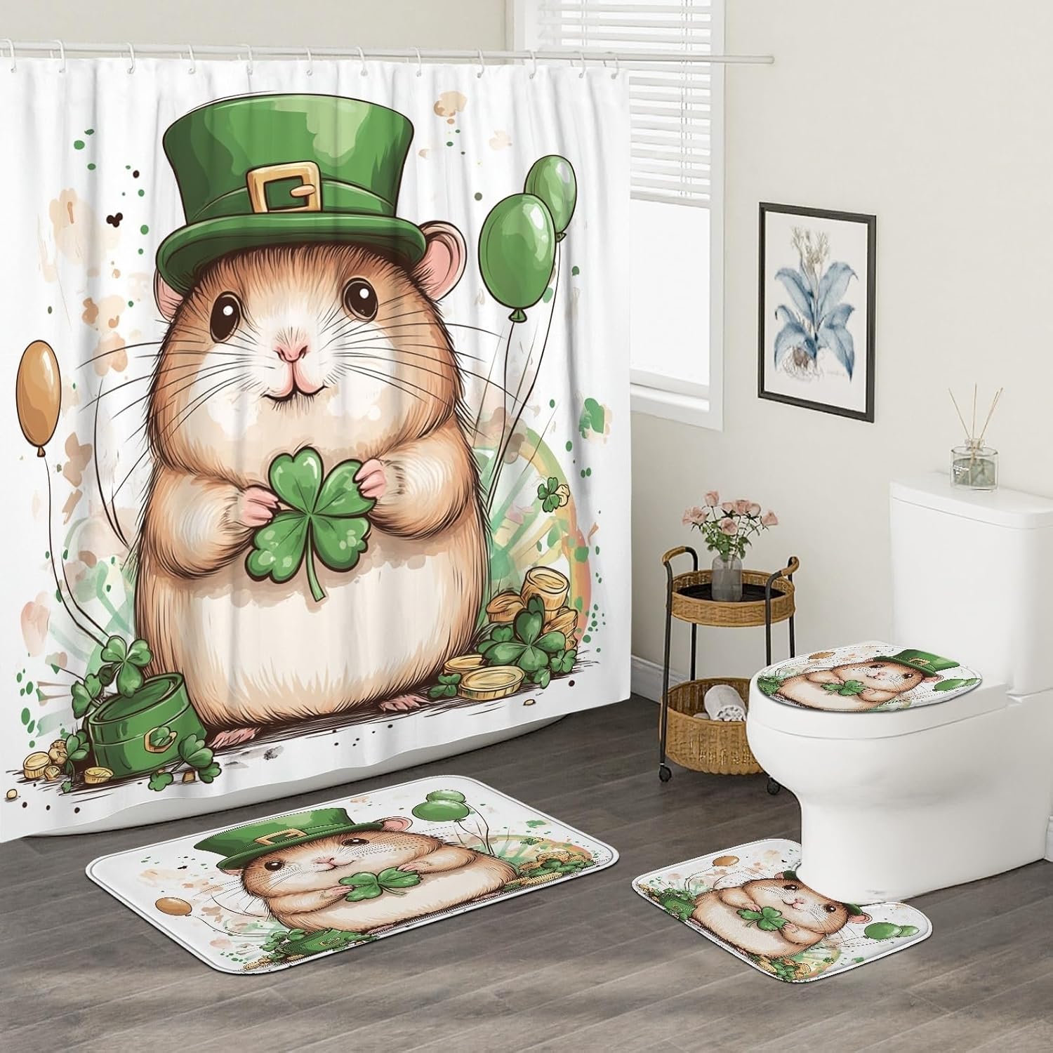 4PCS St.Patrick's Day Hamster Bathroom Accessory Sets with Non-Slip Rug, U Shape Toilet Lid Cover Mat, Fun Cartoon Animal Bathroom Decoration 72''x72''