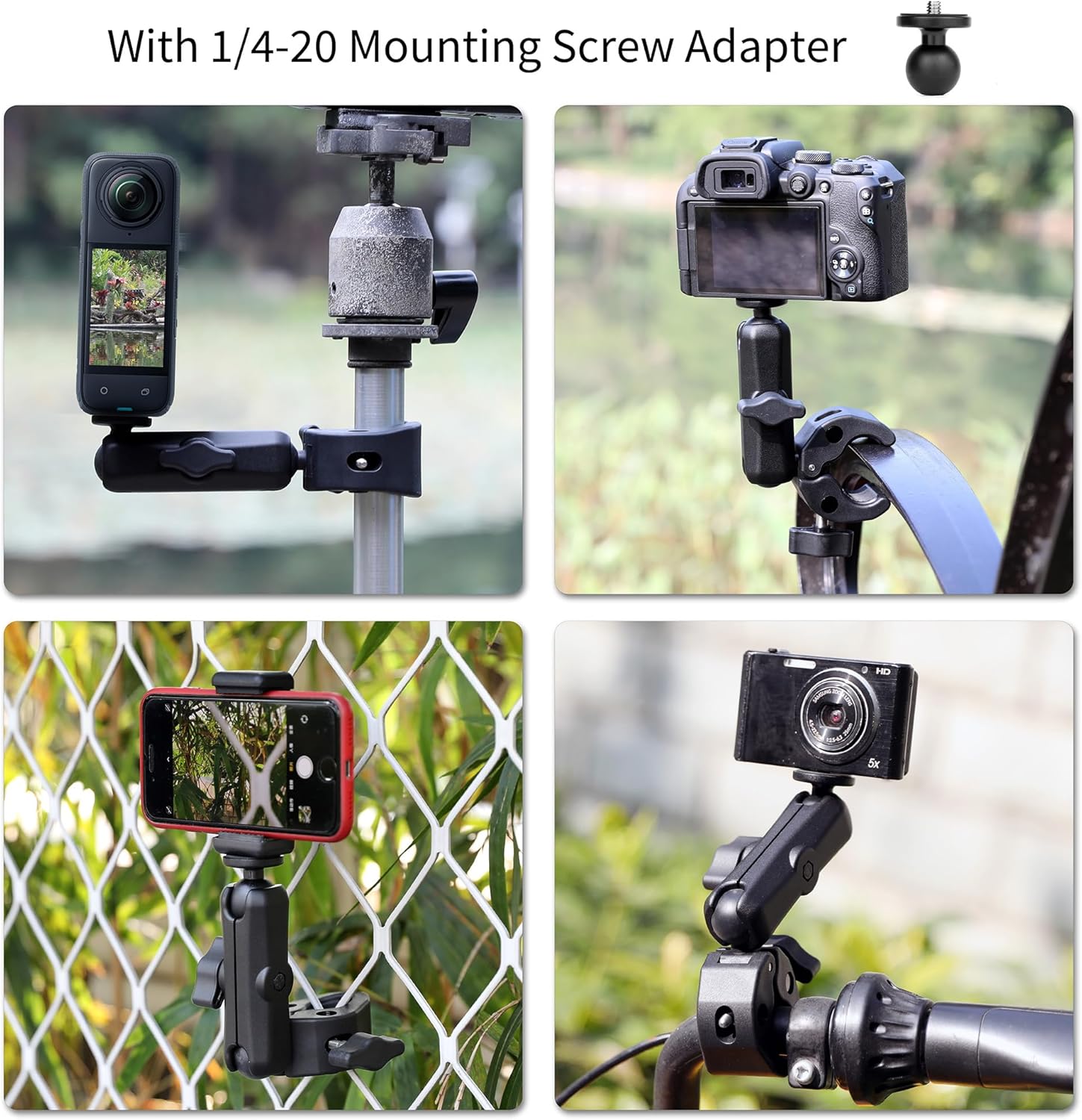 SOONSUN Double Clamp with 2-Pack 1'' Ball Adapter, Umbrella Clamp for Chair, Desk, Tripod, Stroller, Camera Mount for Insta360, GoPro, Osmo Action, DSLR, Compatible with RAM Mount B Size Socket Arm