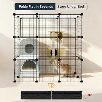 DIY Modular Cat Enclosure 3x3x2 Grid | Extra Large Indoor Cat Playpen | Foldable Black Wire Metal Cat Cage with Multi-Level Shelves | Approx. (43.7 x 29.5 x 43.3)