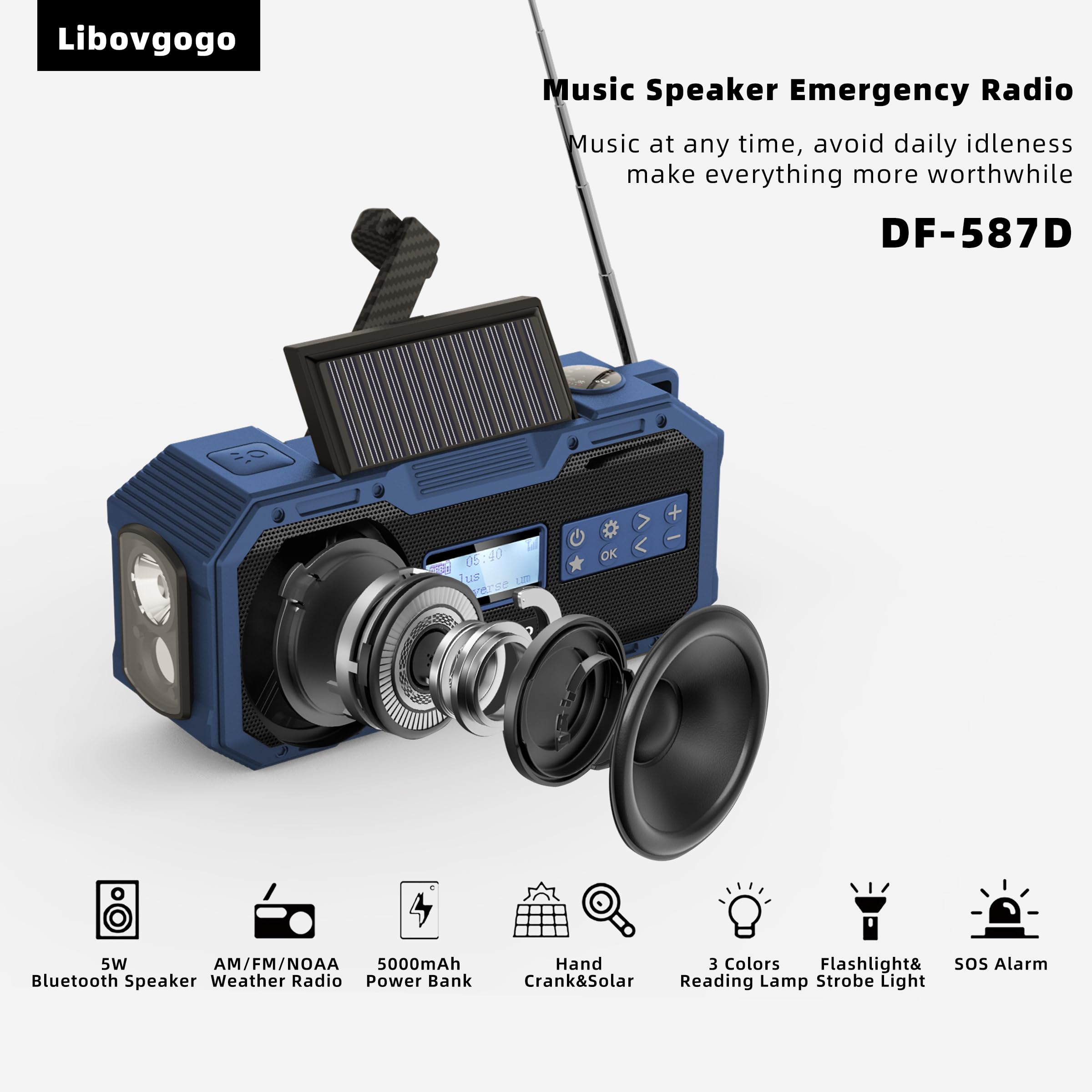 Libovgogo DF-587D Radio portátil DAB+ FM con altavoz Bluetooth impermeable, radio de manivela con función de carga de teléfono solar, batería externa de 5000 mAh, linterna, luz estroboscópica, SOS