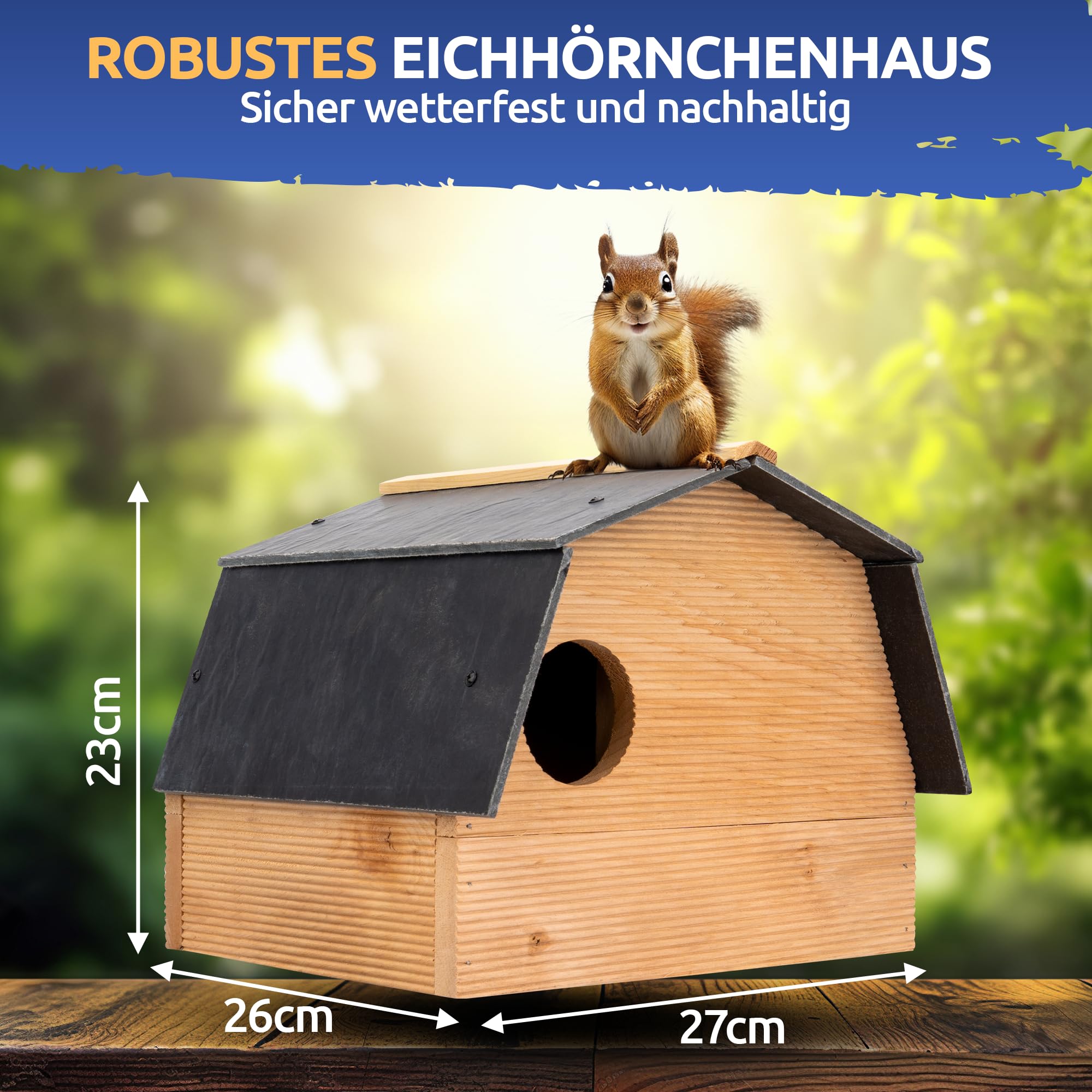 STAHLMANN® XXL Eichhörnchen Futterhaus [inkl. 500 g Eichhörnchenfutter] - Futterstelle zum Aufhängen [AUS WETTERFESTEM KIEFERNHOLZ] - Futterbox für Eichhörnchen und ihre Jungtiere