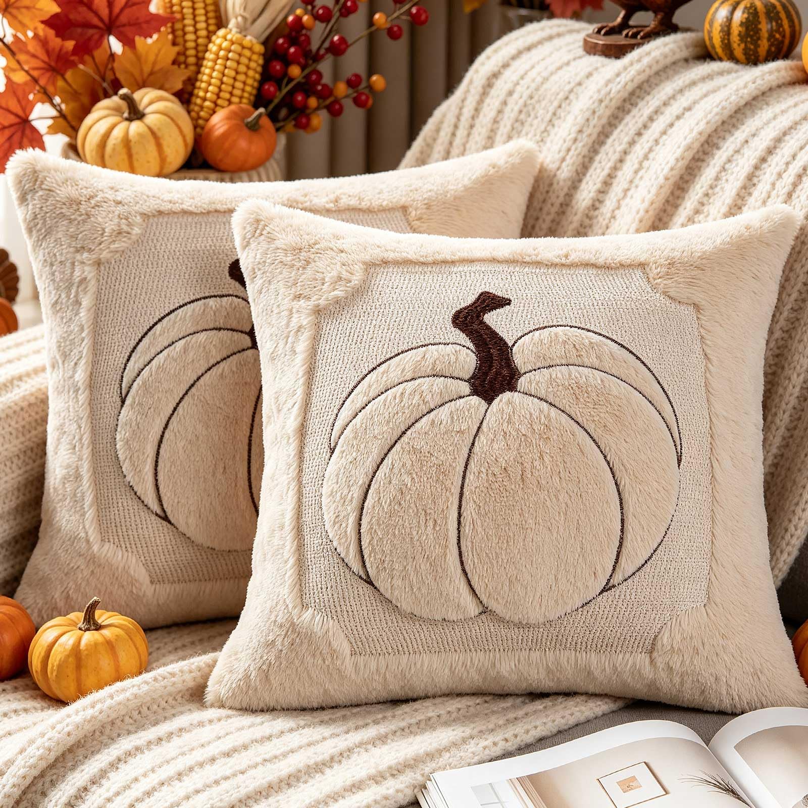 Benjia Autumn 16x16 Cushion Covers Set of 2, Fall Big Pumpkin Throw Pillow Cases Soft Plush Faux Fur Wool Decorative Throw Pillow Covers 40 x 40 cm Cushion Case for Couch Sofa Bed Autumn Decor (Beige)
