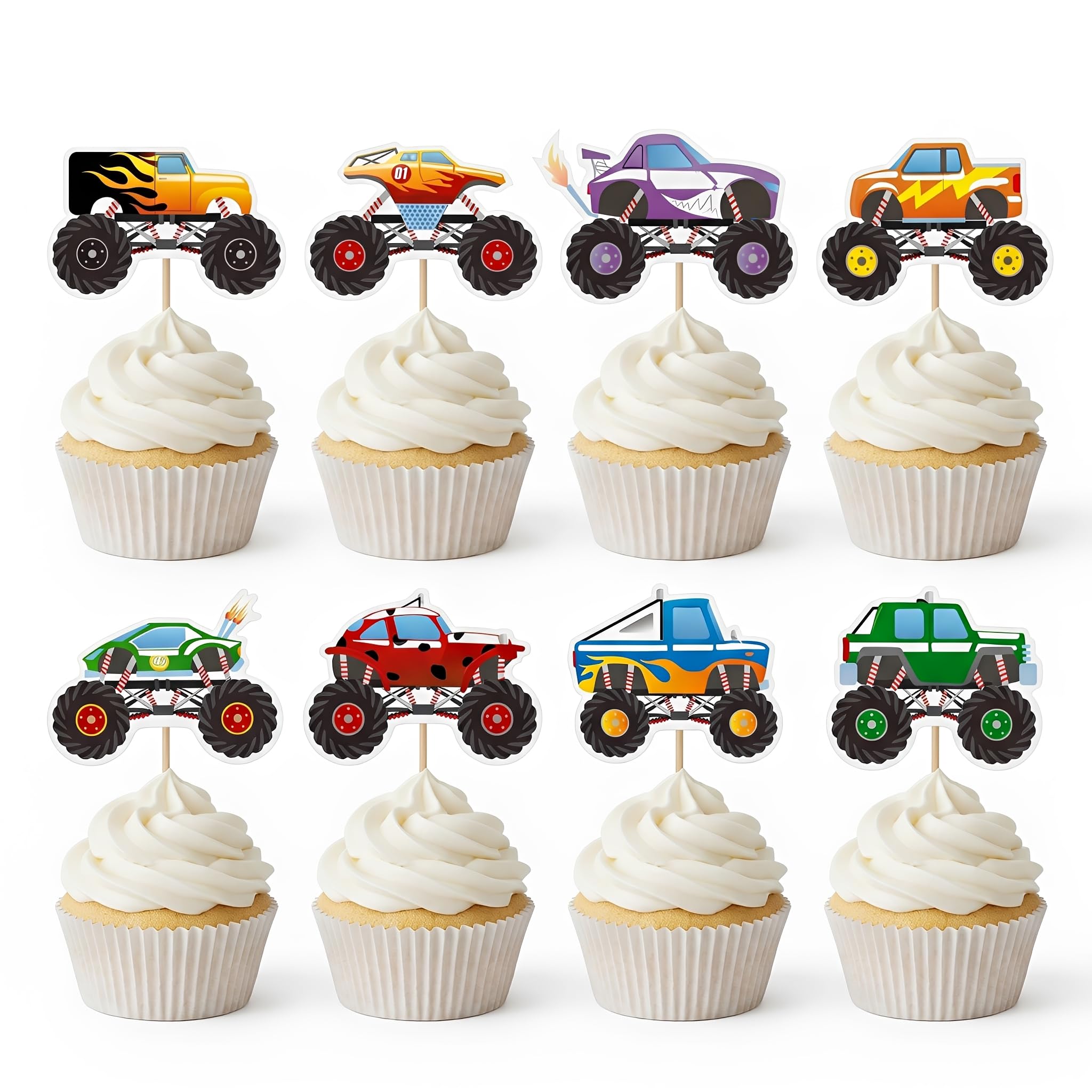 Arthsdite 24Pcs Monster Truck Cupcake Toppers, Colorful Monster Truck Picks for Boys Birthday Party, Truck Themed Celebration Dessert Decorations — image 1