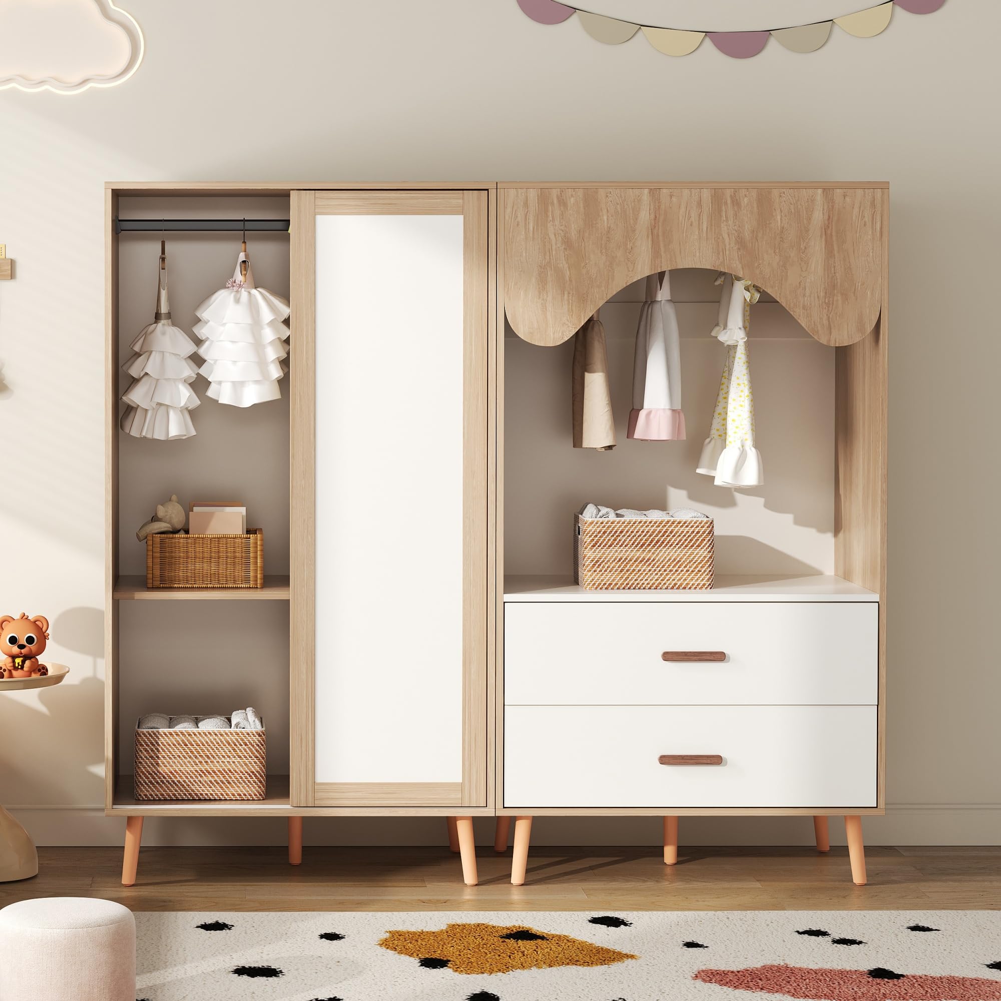 Soweiz Appendiabiti per bambini con porta scorrevole, bianco + legno naturale, 141,5 cm