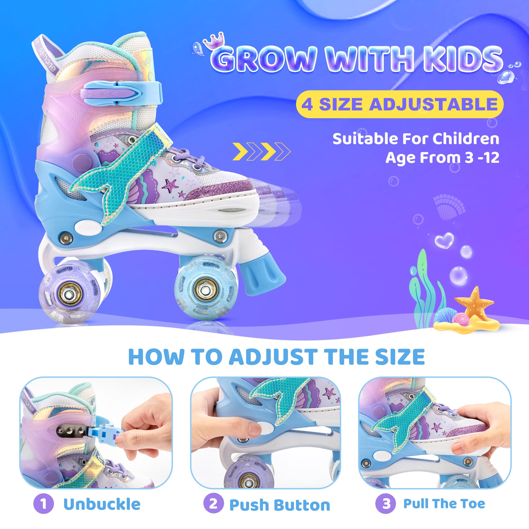 NEMONE Mermaid 4 Size Adjustable Light up Roller Skates for Girls, Purple Blue Skates for Toddlers, Beginner Kids Butterfly Roller Skates Indoor Outdoor